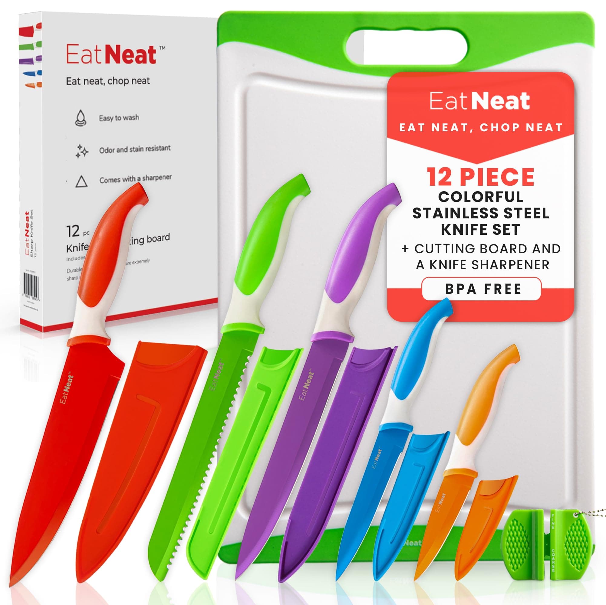 EatNeat 12-Piece Knife Set – Chef, Bread, Carving, Utility & Paring Knives with Sheaths, Sharpener & Cutting Board – Non-Stick Stainless Steel, Ergonomic, Dishwasher Safe – Ideal for Home, RV & Gift Multicolor