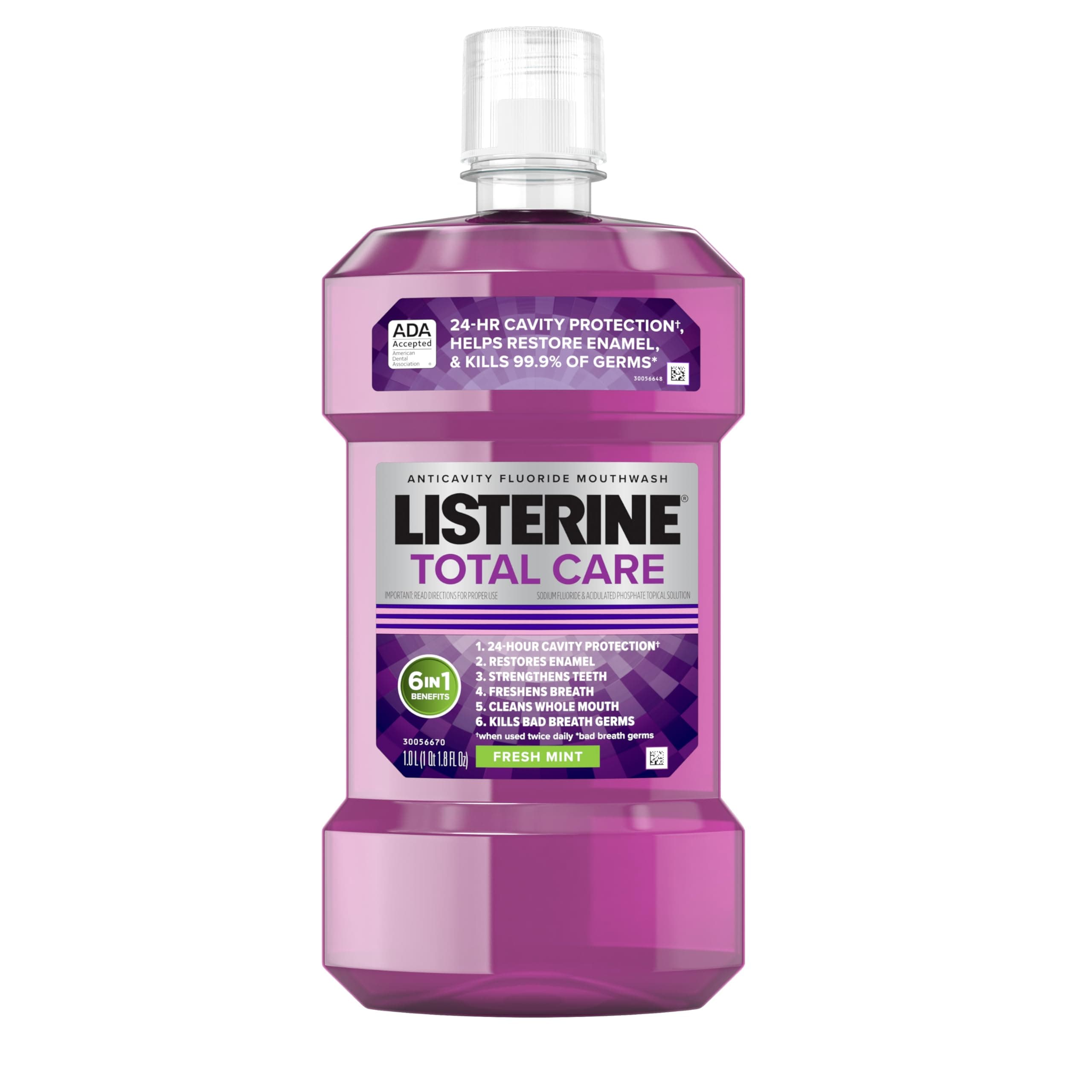 Listerine Total Care Anticavity Fluoride Mouthwash, 6 Benefits in 1 Oral Rinse Helps Kill 99% of Bad Breath Germs, Prevents Cavities, Strengthens Teeth, ADA-Accepted, Fresh Mint, 1 L 33.8 Fl Oz (Pack of 1)