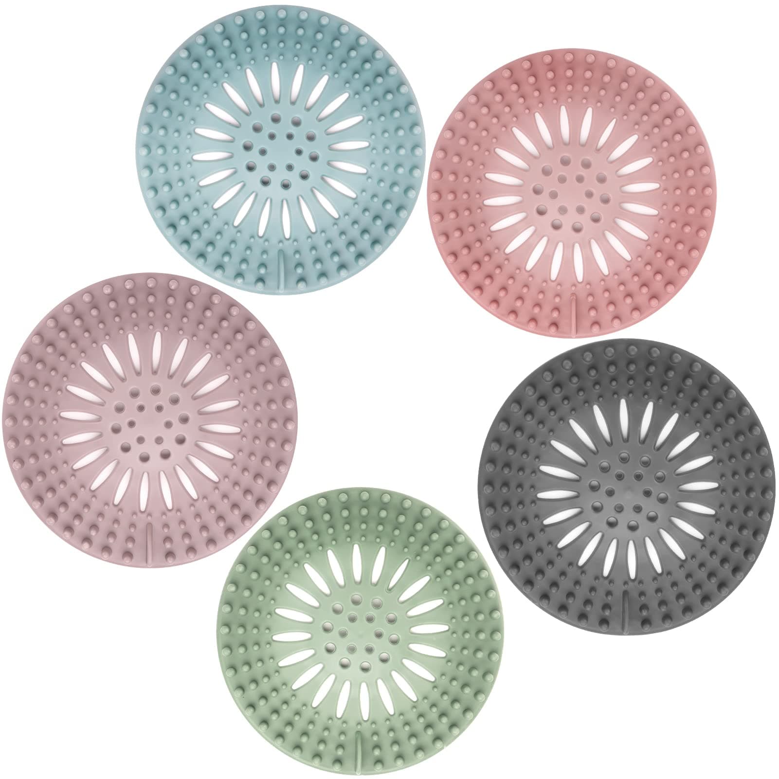 Gotega Bathroom Sink Drain Strainers, Hair Catcher Shower Drain Covers Protector, Flexible TPR Material, Multiple Colors for Bathroom Tub Shower and Sink Hair Trap Garbage Disposal Parts, 5 Pack Grey, Blue, Green, Pink and Brown