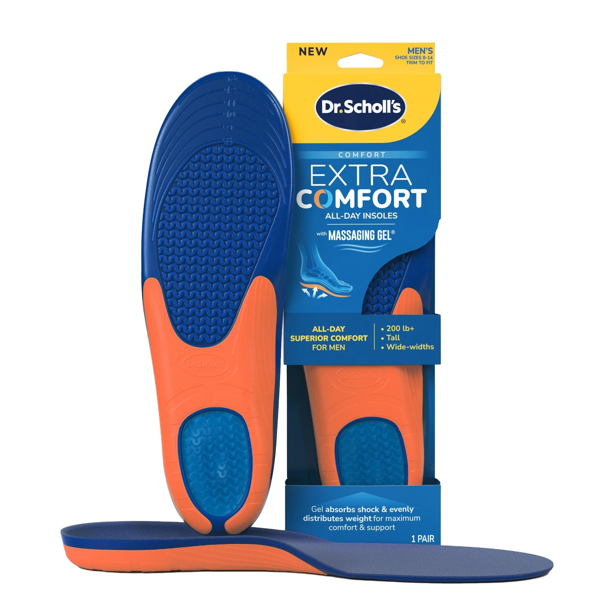 Dr. Scholl’s Extra Comfort Support Insoles Men, Size 8-14, 1 Pair: All-Day Comfort Shoe Inserts with Massaging Gel for Big & Tall Men, 200lbs+, Wide Feet - Arch Support Inserts for Men, Trim to Fit Trim to fit Men's Shoe Sizes 8-14