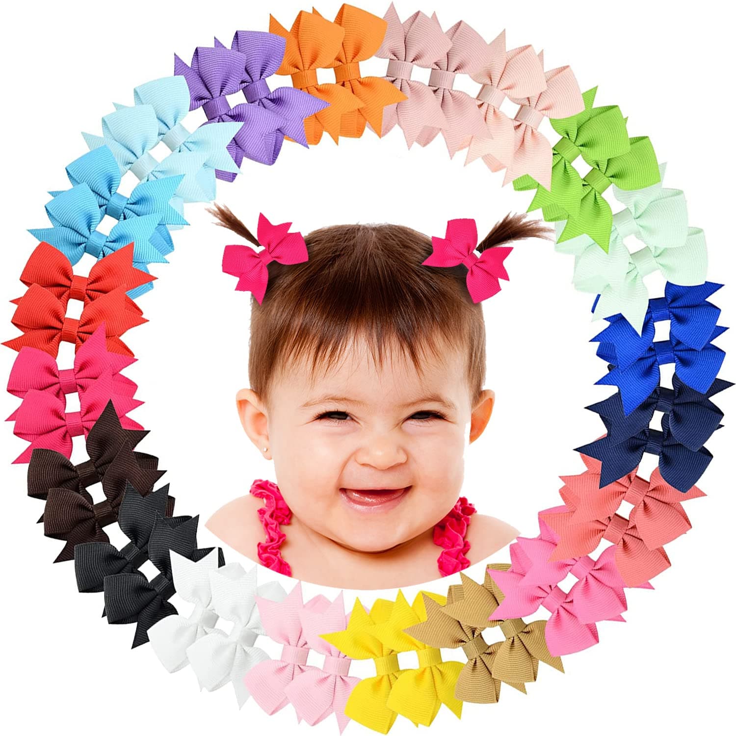 2" Baby Hair Clips Fully Lined Bows Tiny Alligator Clips for Infants and Toddlers in Pairs 40Pcs/20Colors