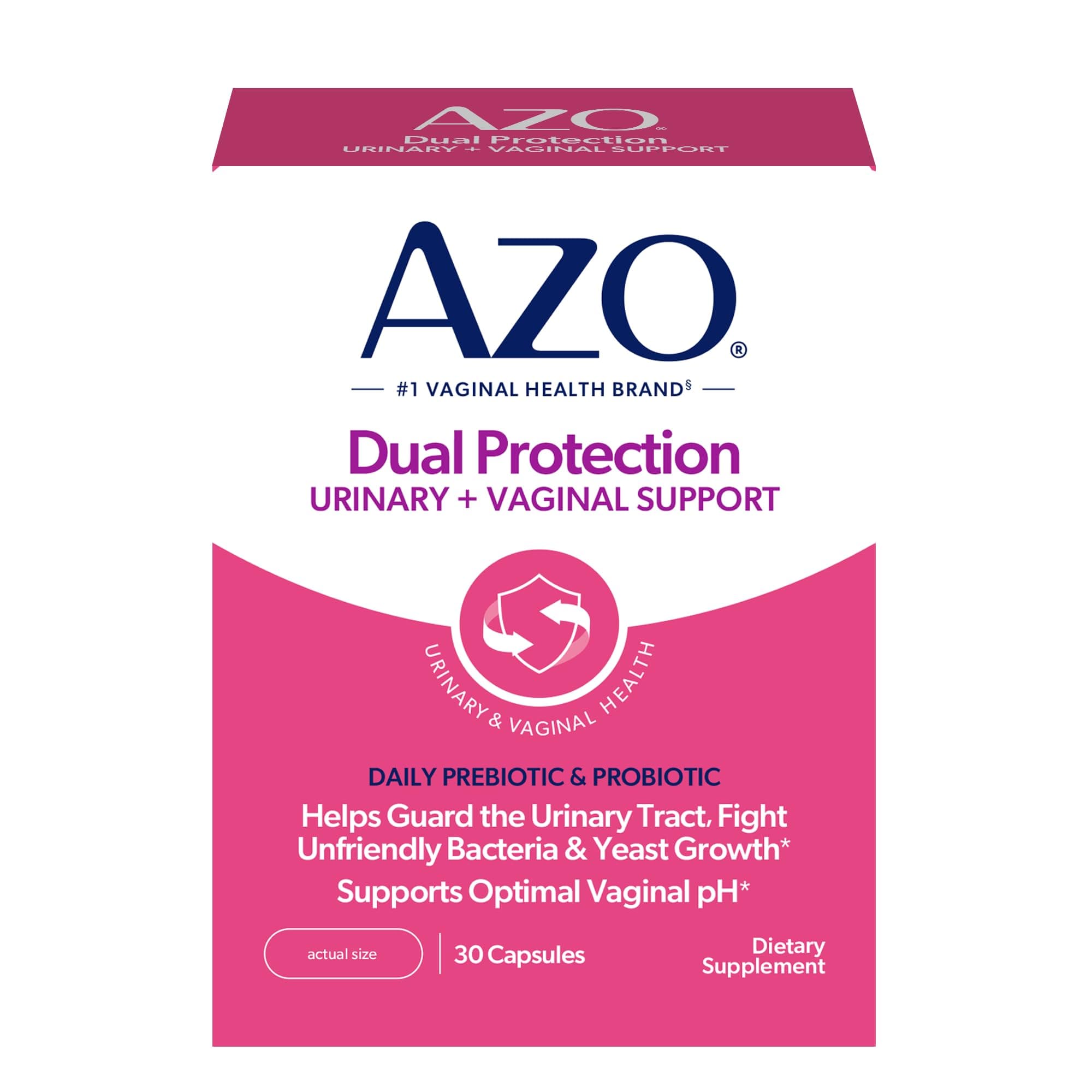 AZO Dual Protection, Urinary + Vaginal Support, Prebiotics and Probiotics for Women*, Starts Working Within 24 Hours, Non-GMO, 30 Count 30 Count (Pack of 1) Dual Protection