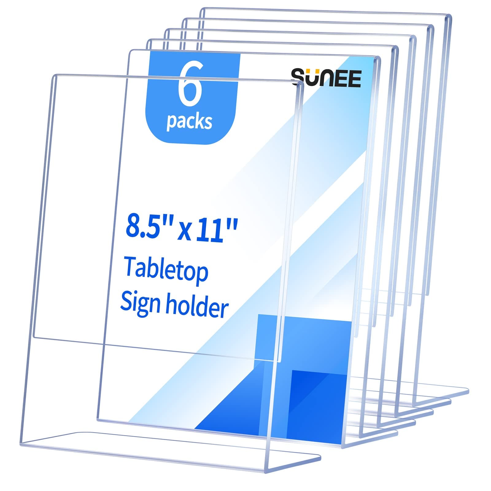 SUNEE 6 Packs Clear Plastic Sign Holders for 8.5x11 Paper, Vertical L-shape Frame for Displaying Signs and Menus