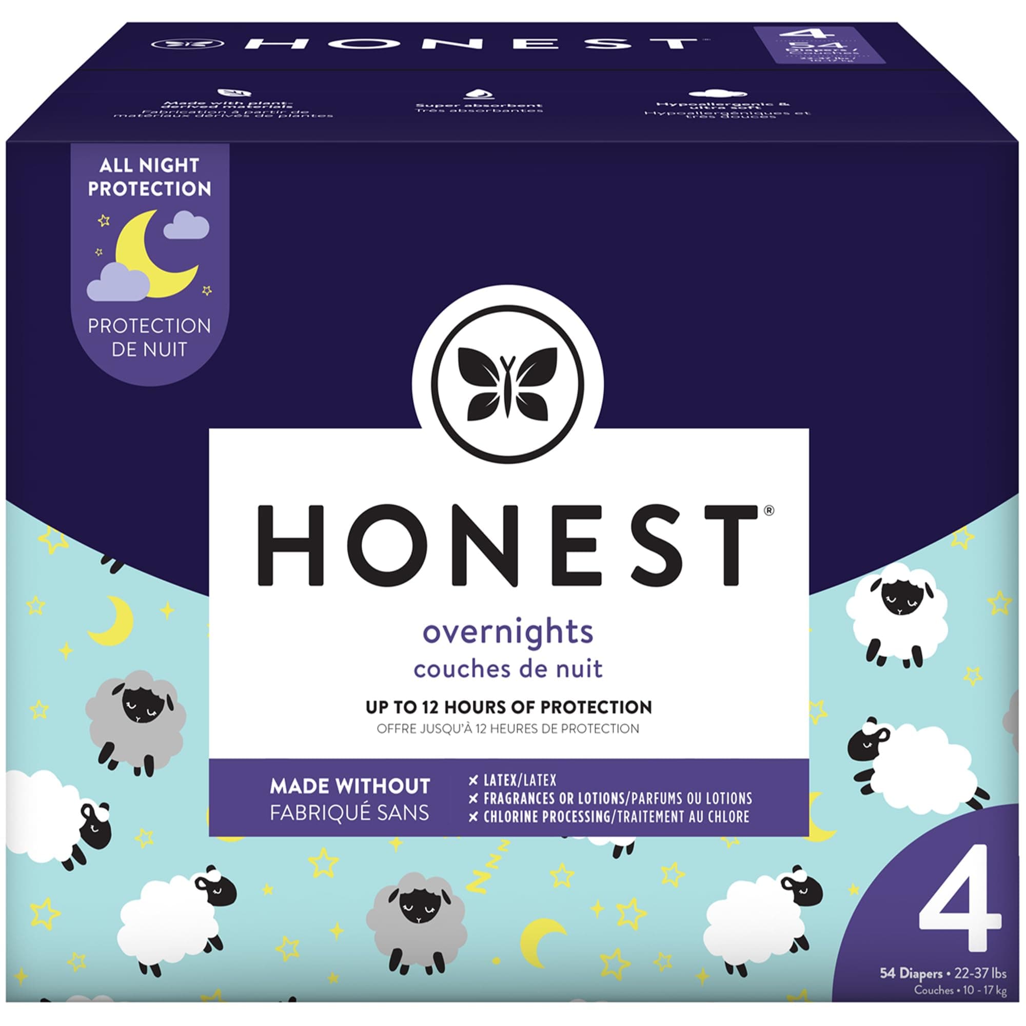 The Honest Company Clean Conscious Overnight Diapers Plant-Based Sustainable Sleepy Sheep Club Box Size 4 22-37 lbs 54 Count Size 4 54