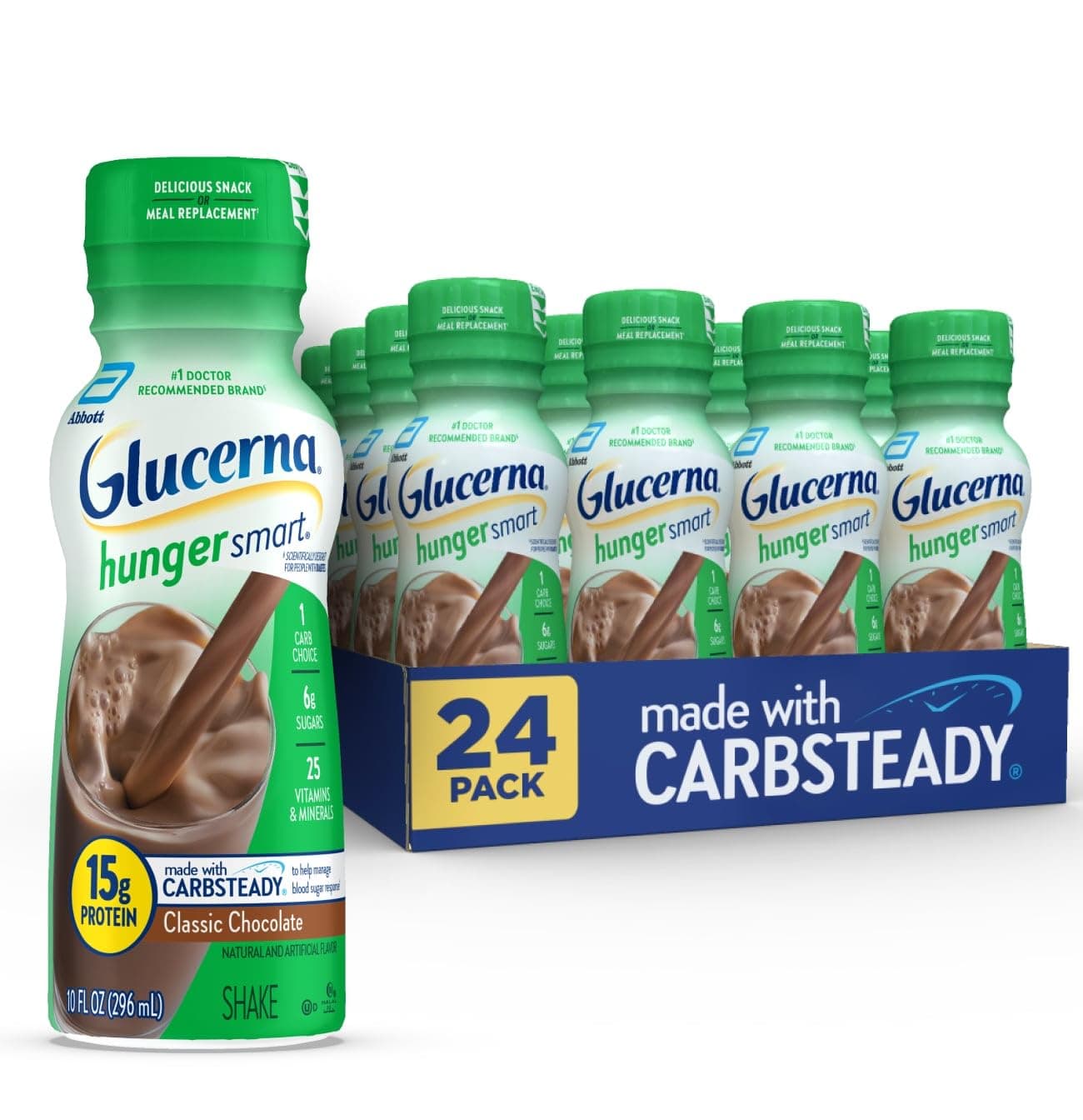 Glucerna Hunger Smart Diabetes Care Shake, Classic Chocolate, Diabetic Meal Replacement to Support Blood Sugar Management, 15g Protein, 180 Calories, Ready to Drink, 10-fl-oz Bottle, 24 Pack