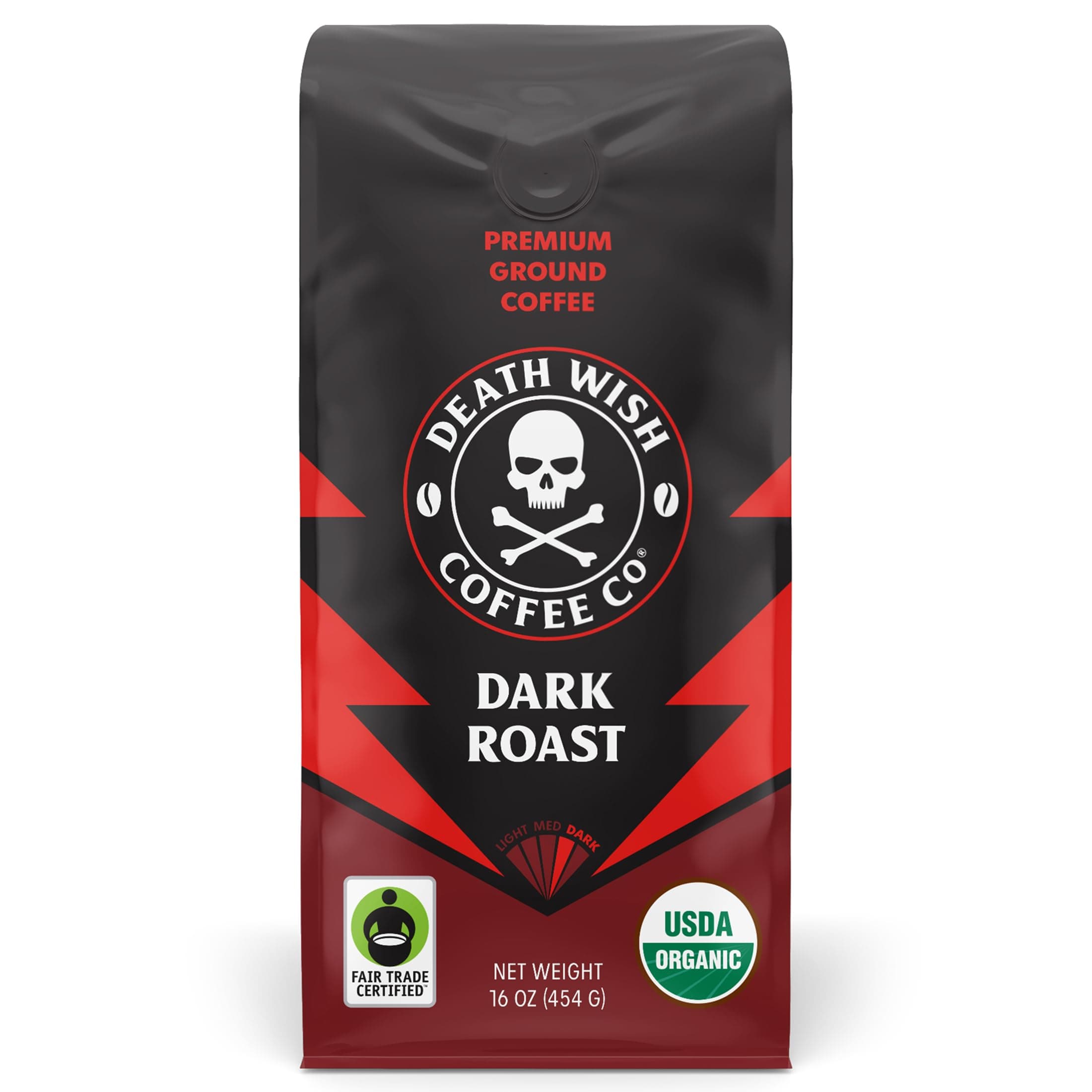 Death Wish Coffee, Organic and Fair Trade Dark Roast Ground Coffee, 16 oz Dark Roast 16 ounces.