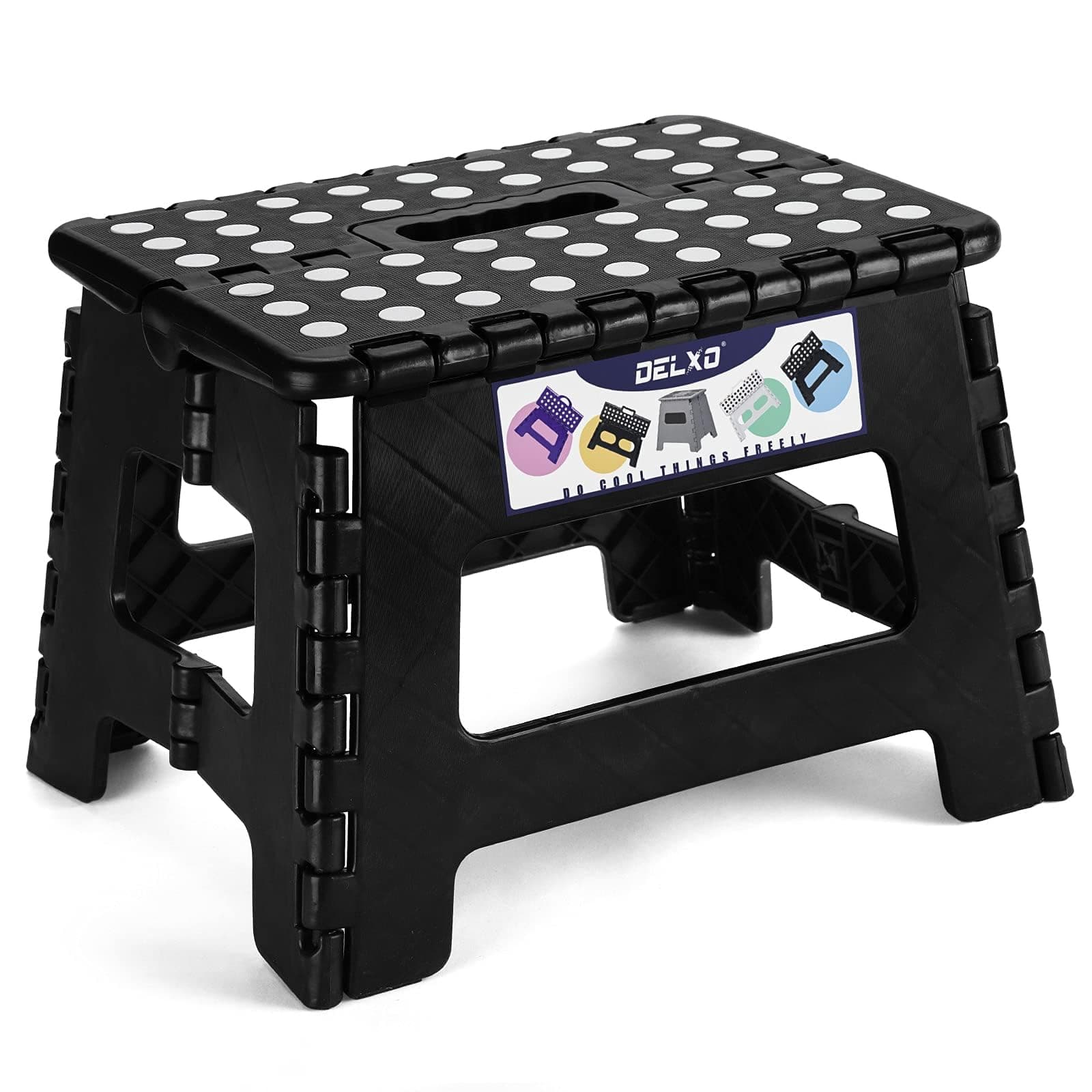 Delxo 9 Inch Folding Step Stool, Black Step Stools for Kids Foldable,Portable Collapsible Step Stool with Handle, Folding Stool for Kitchen Bathroom,Bedroom,Garden Black 9 Inch
