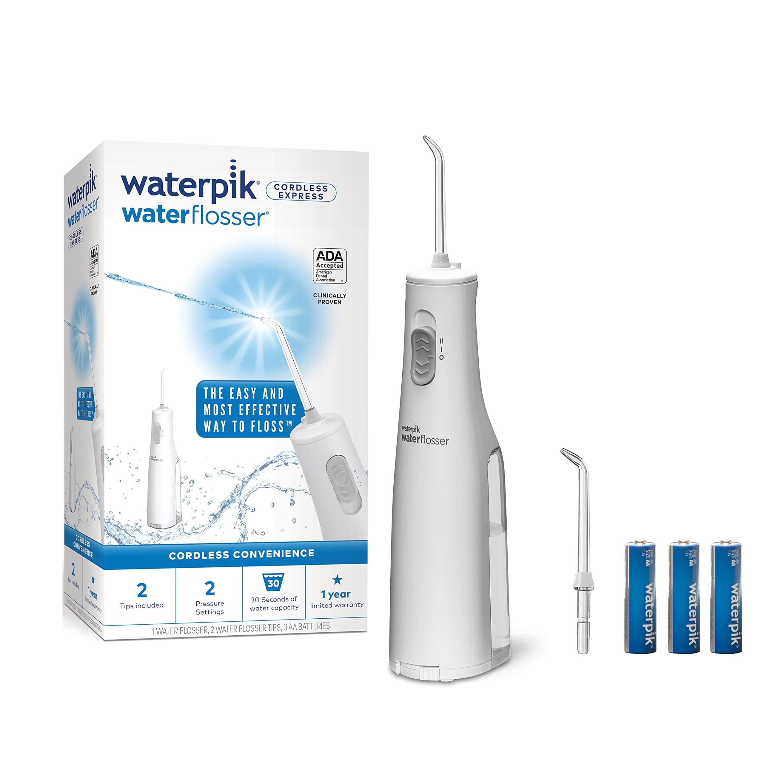 Waterpik Cordless Express Water Flosser, Battery Operated & Portable for Travel & Home, ADA Accepted, Waterproof for Shower Use, White WF-02, Packaging May Vary White AA battery