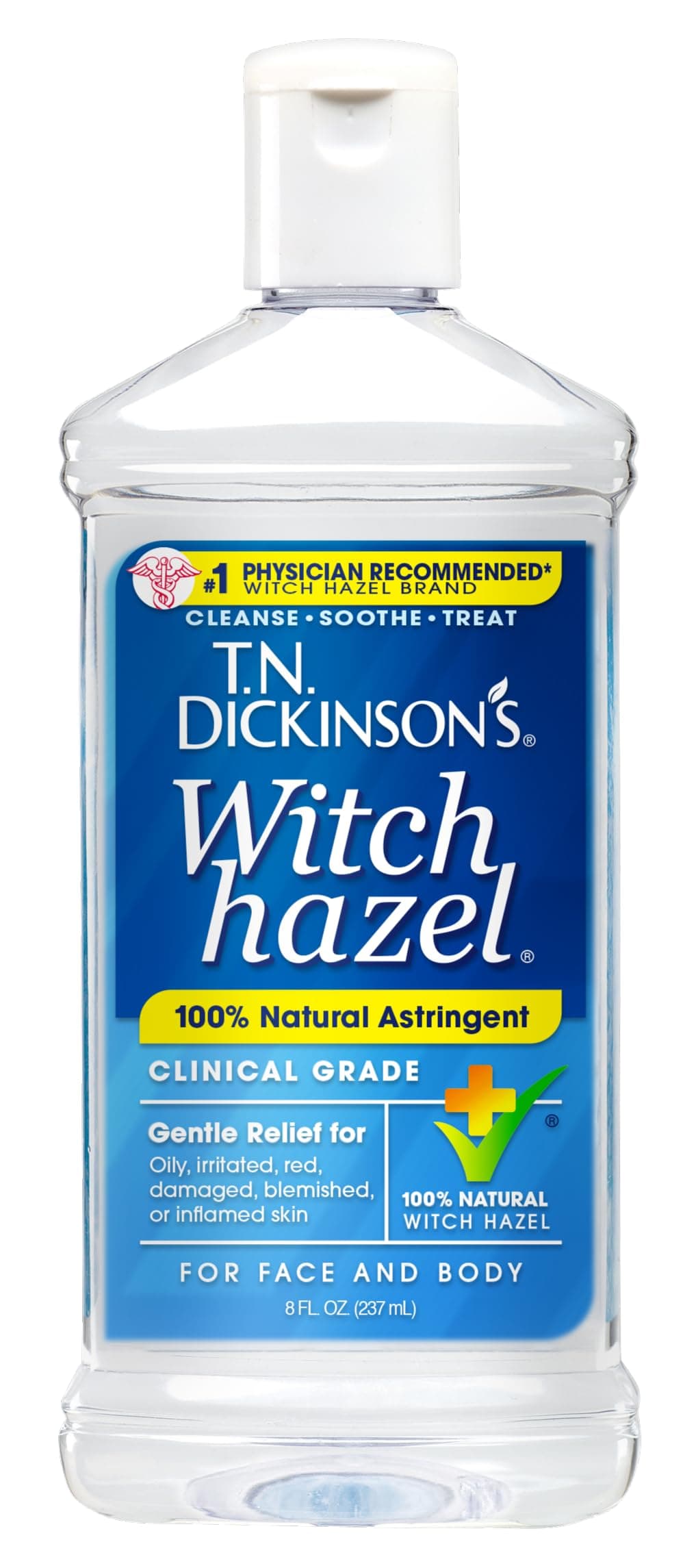 T.N. Dickinson's Witch Hazel 100% Natural Astringent | Pure Witch Hazel | Fragrance Free | Cleanses & Soothes Skin | For Face & Body | Clinical Grade | 8 Fl Oz 8 Ounce (Pack of 1)
