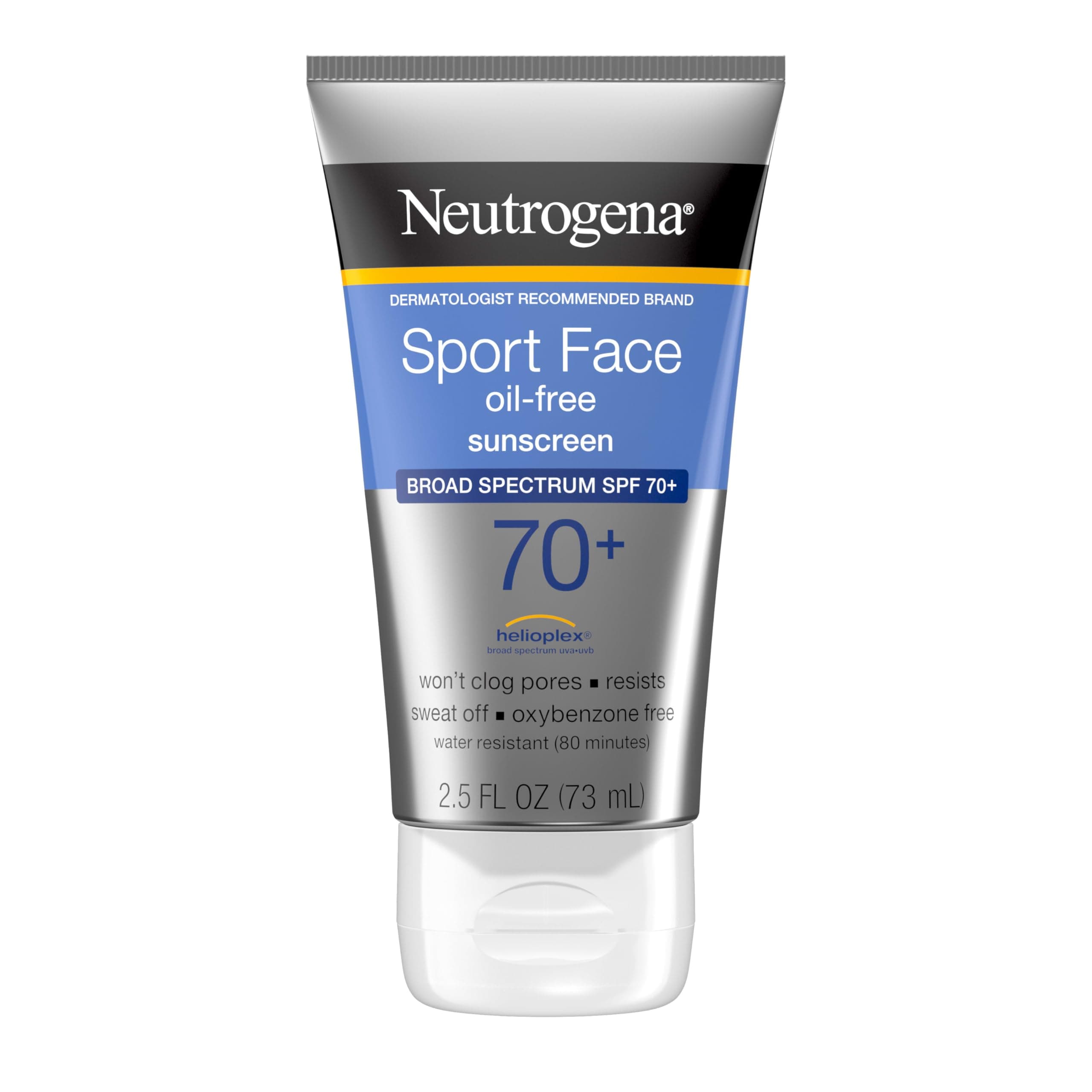Neutrogena Sport Face Sunscreen SPF 70+, Oil-Free, 2.5 fl oz, Sweat & Water-Resistant, Broad-Spectrum UVA/UVB, Nourish & Restore Skin Balance, Oxybenzone Free Sunscreen For Face SPF 70 2.5 Fl Oz (Pack of 1)