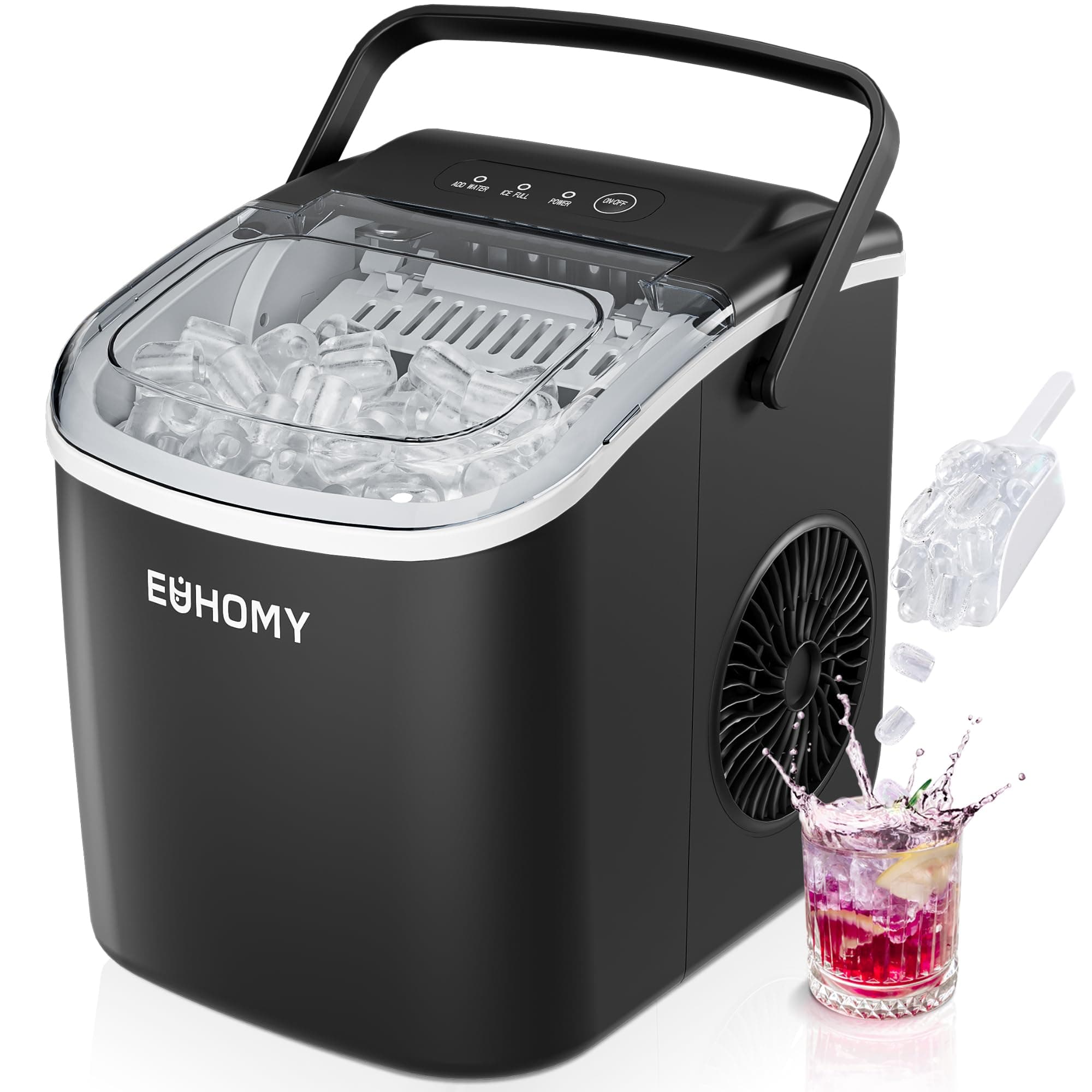 EUHOMY Countertop Ice Maker Machine with Handle, 26lbs in 24Hrs, 9 Ice Cubes Ready in 6 Mins, Auto-Cleaning Portable Ice Maker with Basket and Scoop, for Home/Kitchen/Camping/RV. (Black) ICE MACHINE 11.57"D x 11.42"W x 8.74"H Black