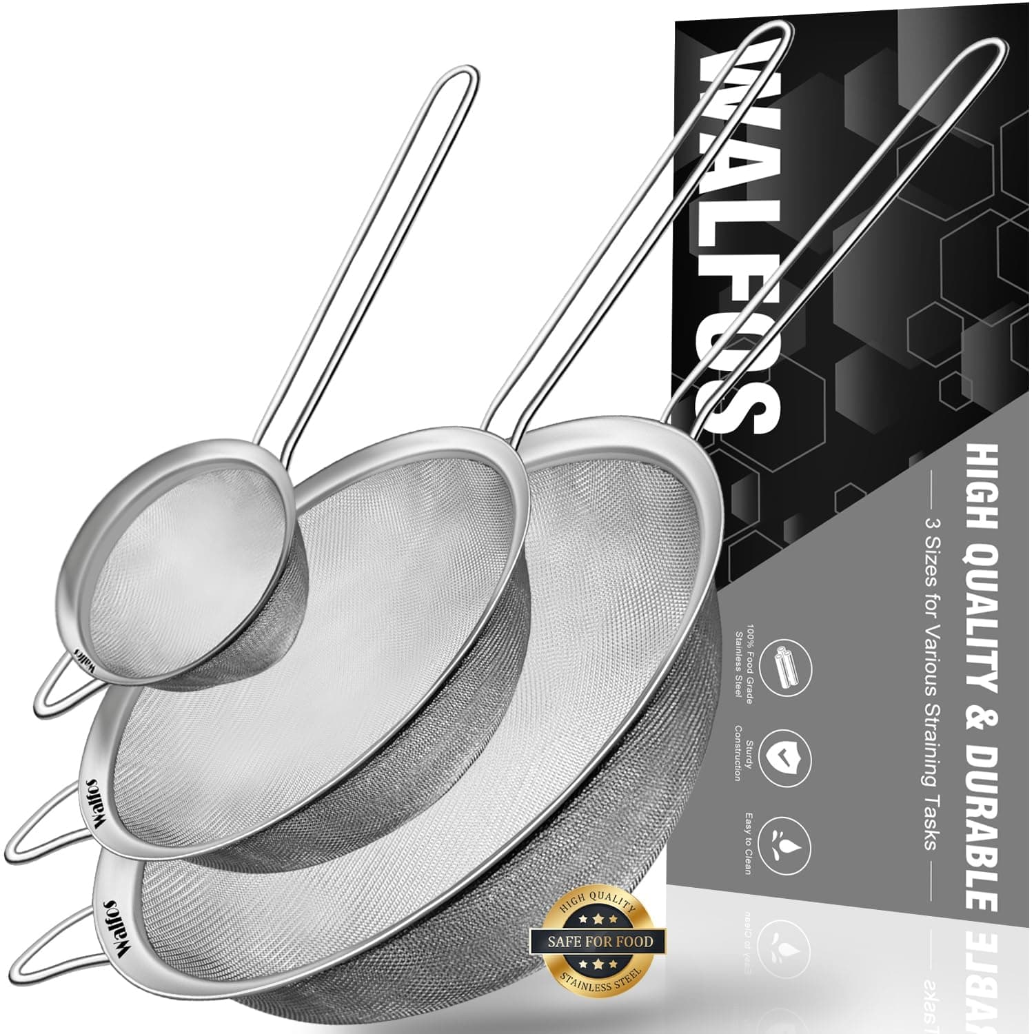 Walfos Fine Mesh Strainers Set, Premium Stainless Steel Colanders and Sifters, with Reinforced Frame Sturdy Handle, Perfect for Sift, Strain, Drain Rinse Vegetables, Pastas Tea - 3 Sizes 3pcs (2.7", 4.6", 7.8") Strainers