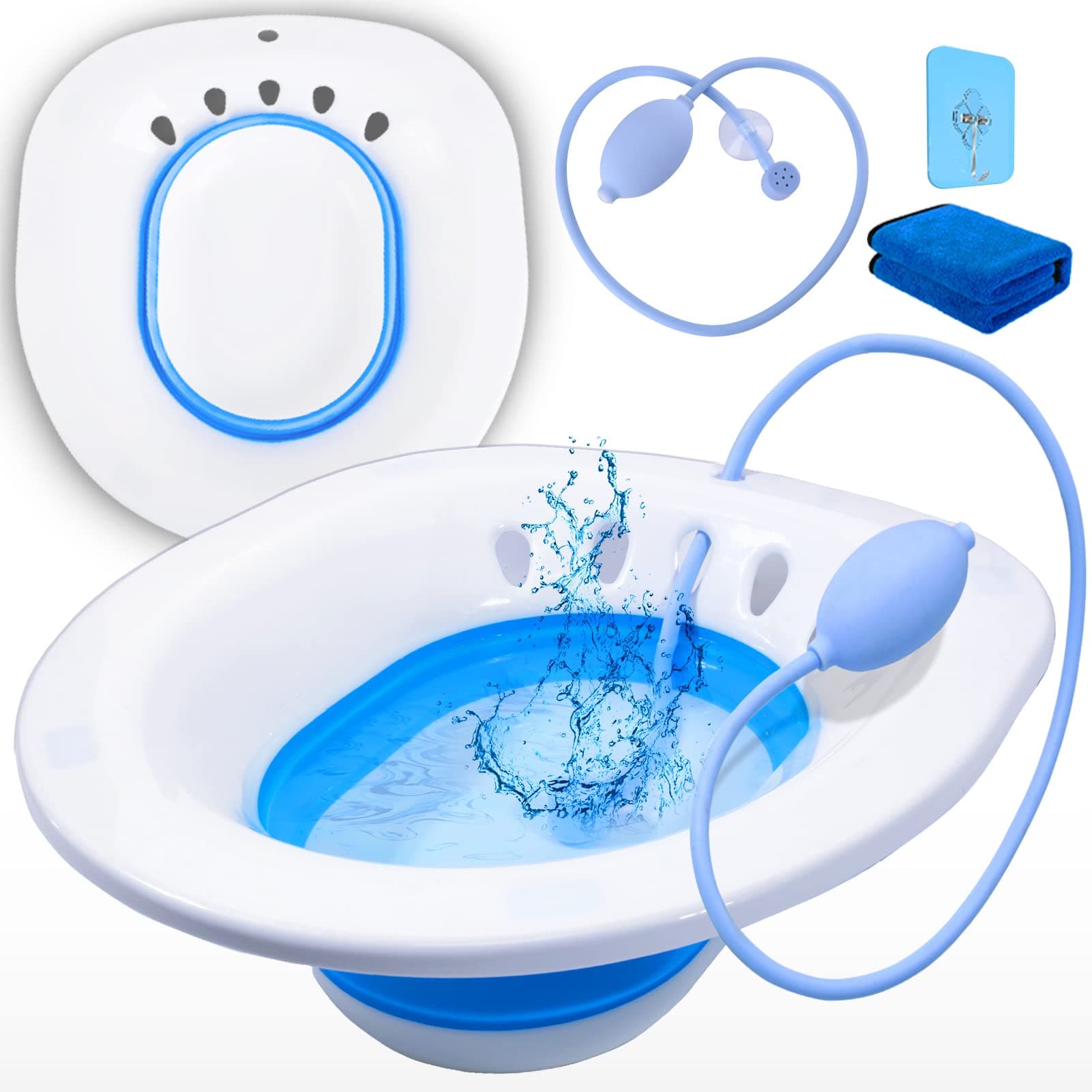 Sitz Bath for Toilet Hemorrhoids Postpartum Care, Perineal Soaking Bath Over The Toilet Seat, Collapsible Sitz Basin with Flusher for Vaginal Anal Inflammation Treatment, Yoni Steam Seat, White/Blue Sitz Bath Basin With Flusher,towel
