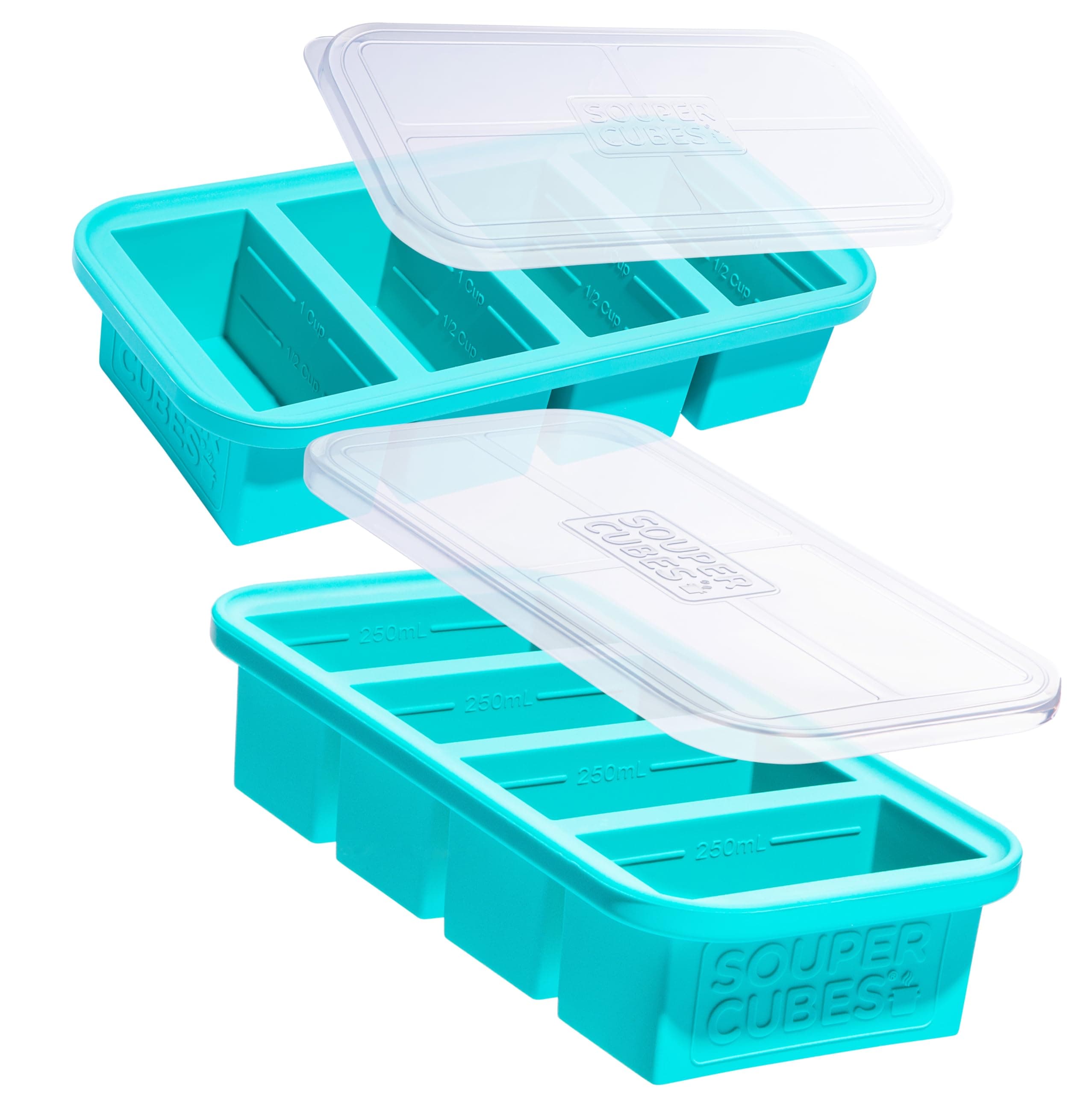 Souper Cubes 1 Cup Silicone Soup Freezer Molds with Lids - Soup Cubes with Steel Reinforced Rim - Perfect for Freezing Broth, Rice, Individual Portions, Meal Prepping and More - Aqua - 2-Pack Aqua 2-Pack