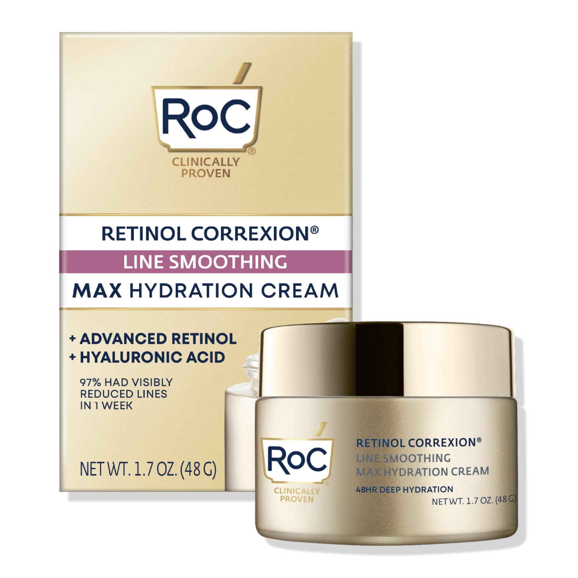 RoC Retinol Correxion Max Daily Hydration Anti-Aging Face Moisturizer with Hyaluronic Acid, Oil Free Skin Care Cream for Fine Lines, Dark Spots, Post-Acne Scars, Retinol Moisturizer, 1.7 Ounces With Fragrance 1.7 Ounce (Pack of 1)
