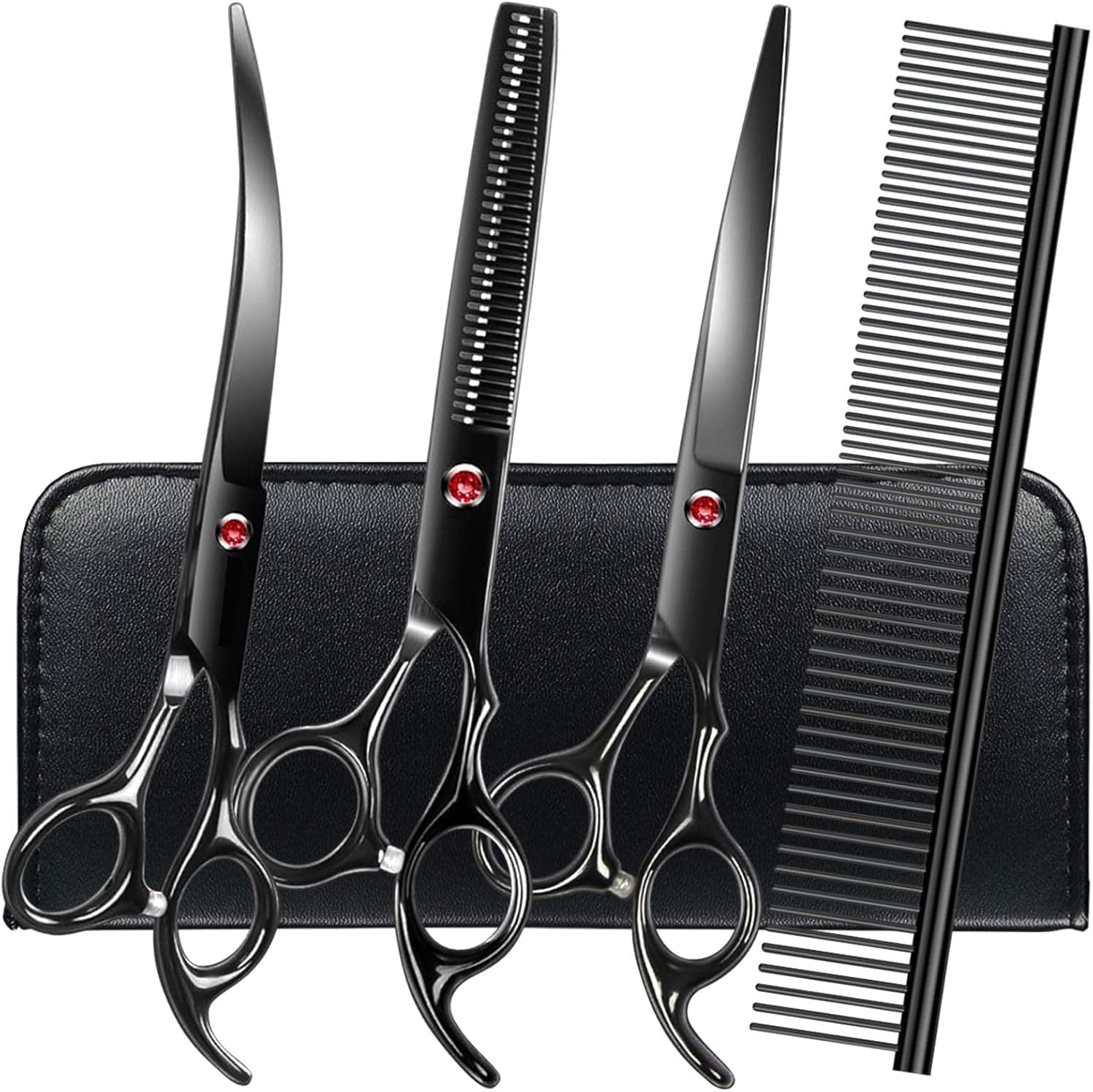 Professional Dog Grooming Scissors Set Stainless Steel Dog Grooming Kit - Thinning, Curved Scissors and Comb for Cat Pet (Black 5 in1) Black 5 in 1