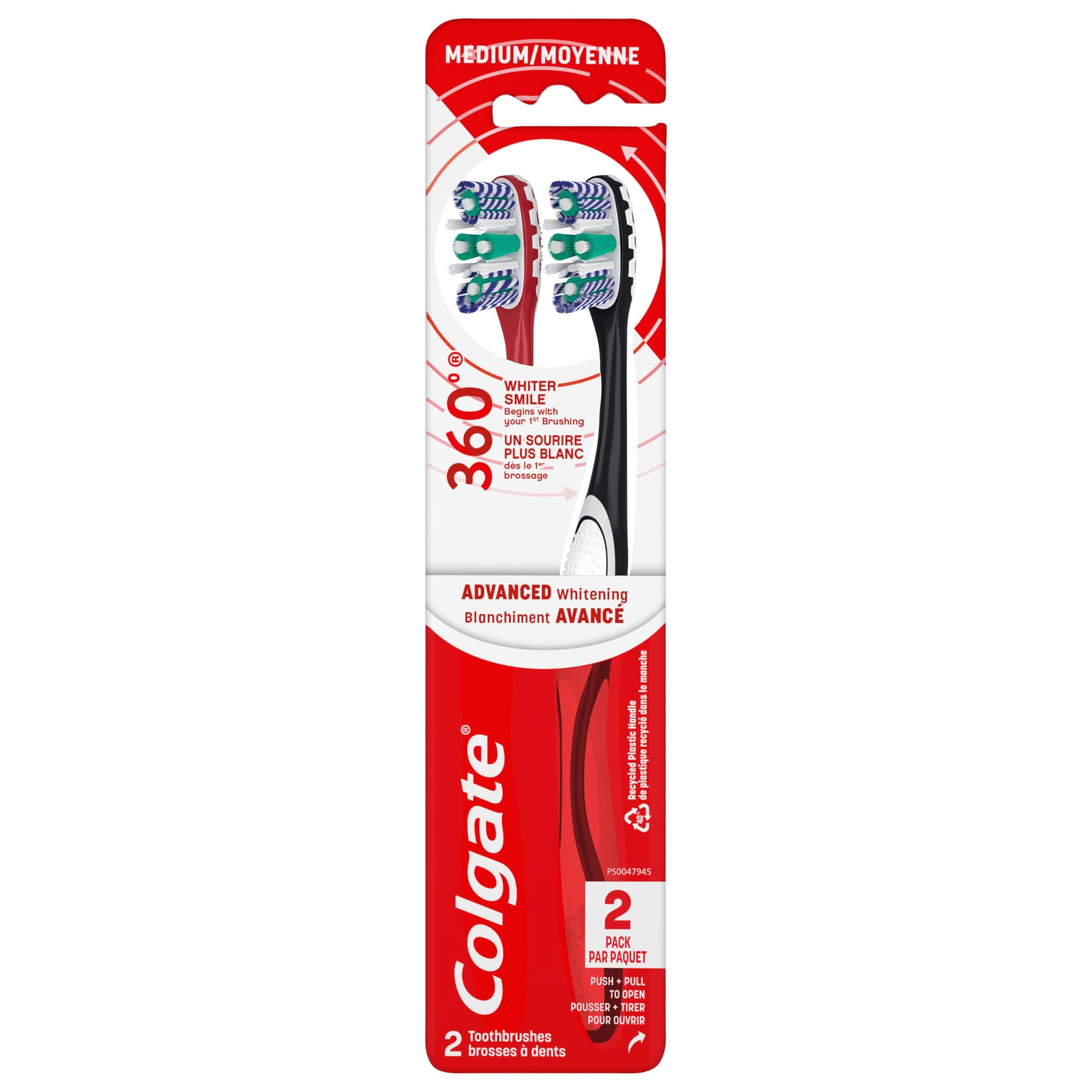 Colgate 360 Optic White Advanced Whitening Toothbrush, Adult Medium Toothbrush with Whitening Cups, Helps Whiten Teeth and Removes Odor Causing Bacteria, 2 Pack 2 Count (Pack of 1) Medium