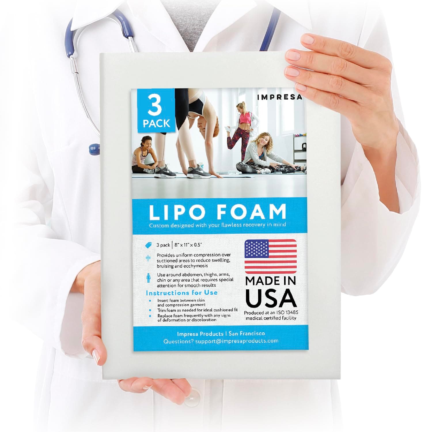 IMPRESA Liposuction Foam Pads - 3-Pack - White - 8 x 11 x 0.5 in - for Abdominal Binder Post Surgery - Even Pressure for Liposuction Compression Garments - Custom Fit for Tummy Tuck Recovery 3 Pack White