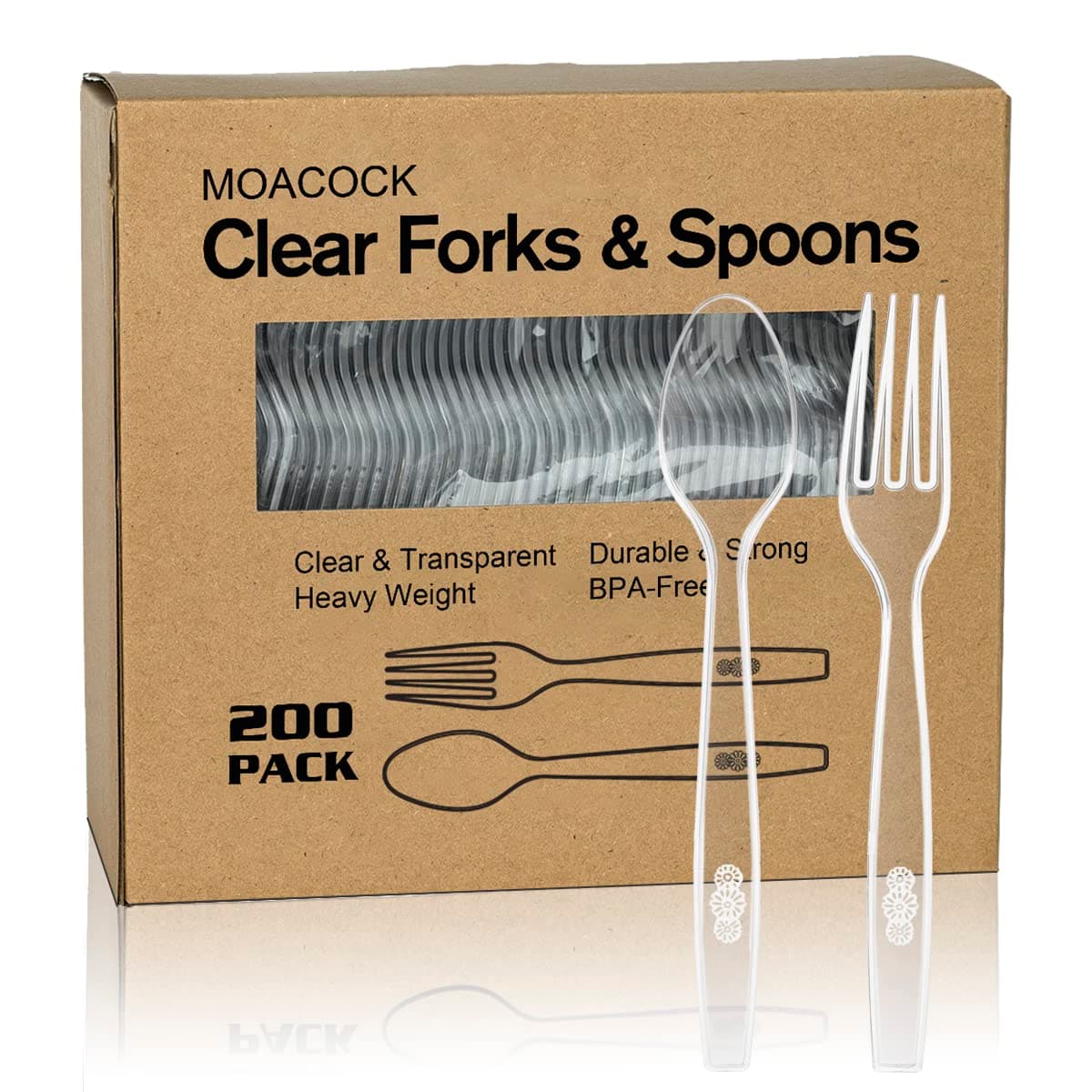 200 Count Plastic Silverware, Heavy Weight Plastic Forks Spoons Disposable Utensils Cutlery Set for Wedding Party Supplies Everyday Use 100forks100spoons Clear