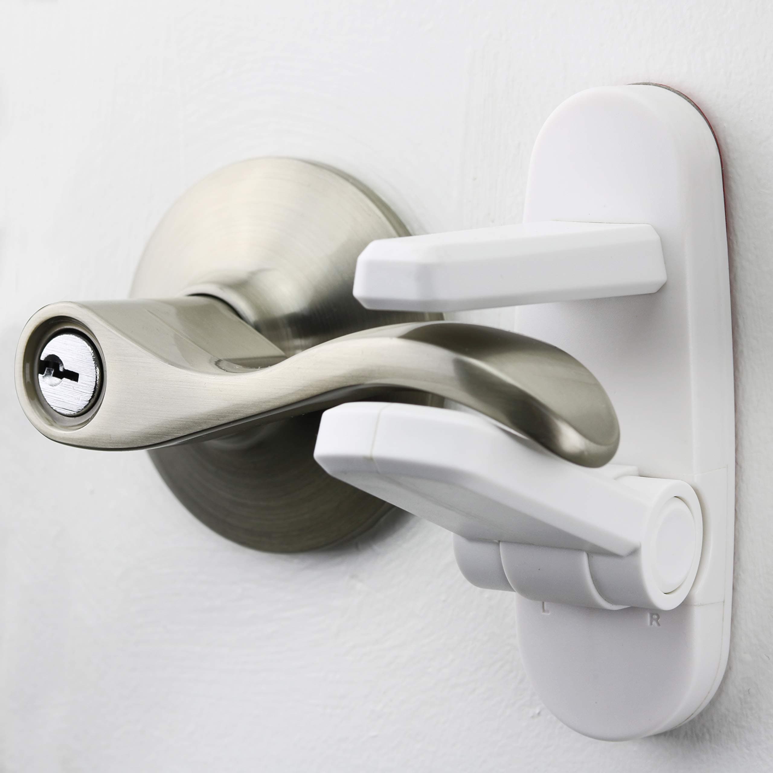 Door Lever Lock (3 Pack) Prevents Toddlers from Opening Doors. 3.25" L * 1.5" W * 4.5" H Easy One Hand Operation for Adults. Durable ABS with 3M Adhesive Backing. Simple Install, No Tools Needed. 3 White
