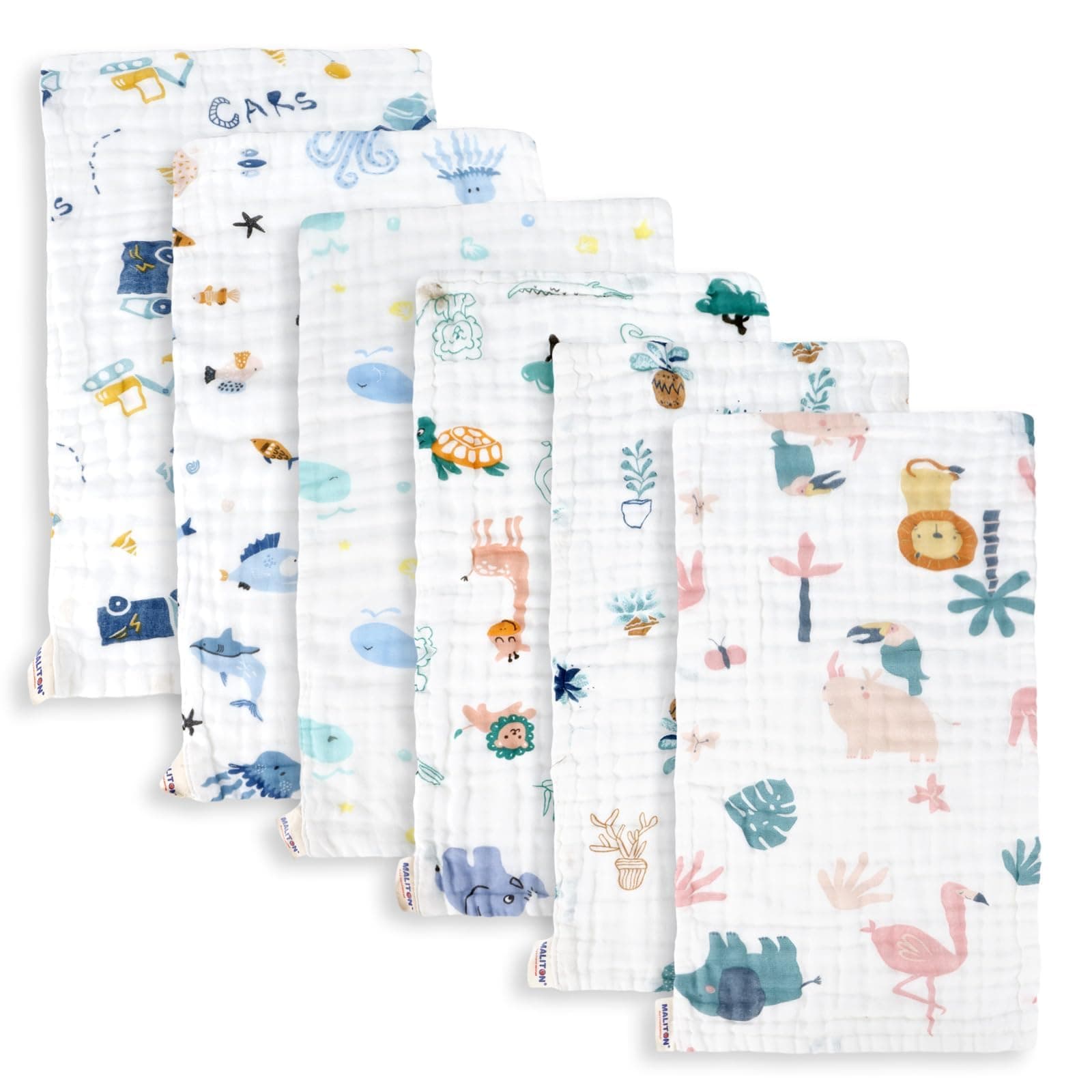 Maliton Muslin Baby Burp Cloths 6 Pack Large 20''x10'' 100% Cotton Burp Rags Absorbent and Soft 6 Layers Muslin Cloth Baby Essentials for Newborn(Animals and Cars, Pack of 6) White Animals