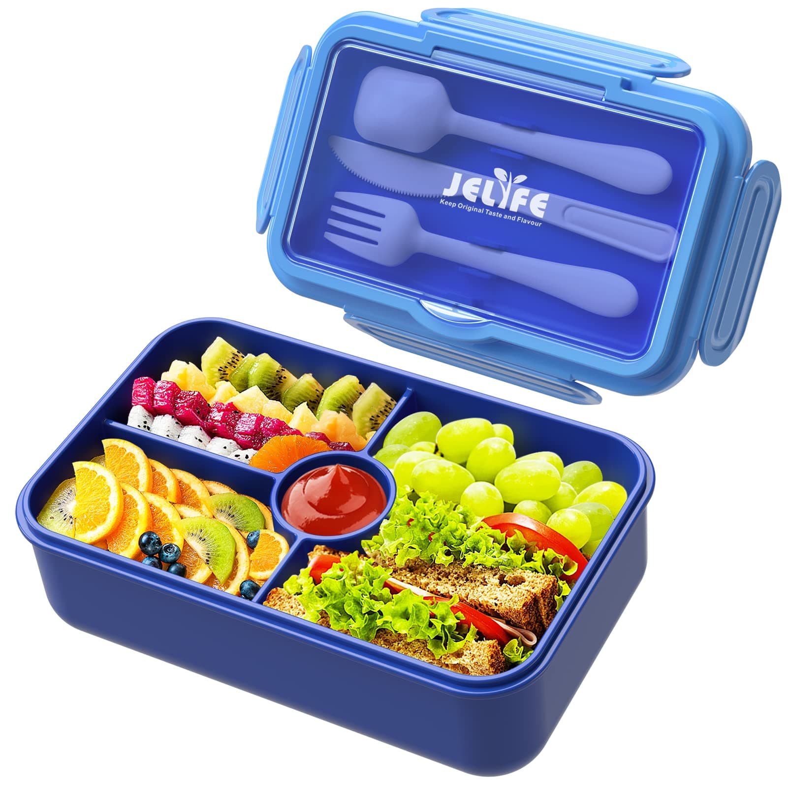 Jelife Bento Lunch Box for Kids - Leakproof Large Bento-Style with 4 Compartments Portions Lunchbox with Tableware Back to School, Reusable On-the-Go Meal and Snack Packing, Blue 1100ml-Blue