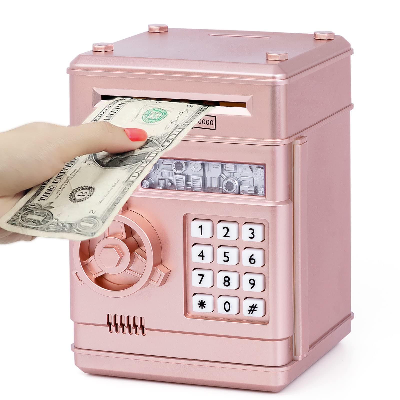 Refasy Piggy Bank Cash Coin Can ATM Bank Electronic Coin Money Bank for Kids Age 3-12, Money Savings Box Mini ATM Coin Bank Toys Gifts for 3 4 5 6 7 8 9 10 11 12 Year Old Boys Girls Rose Gold