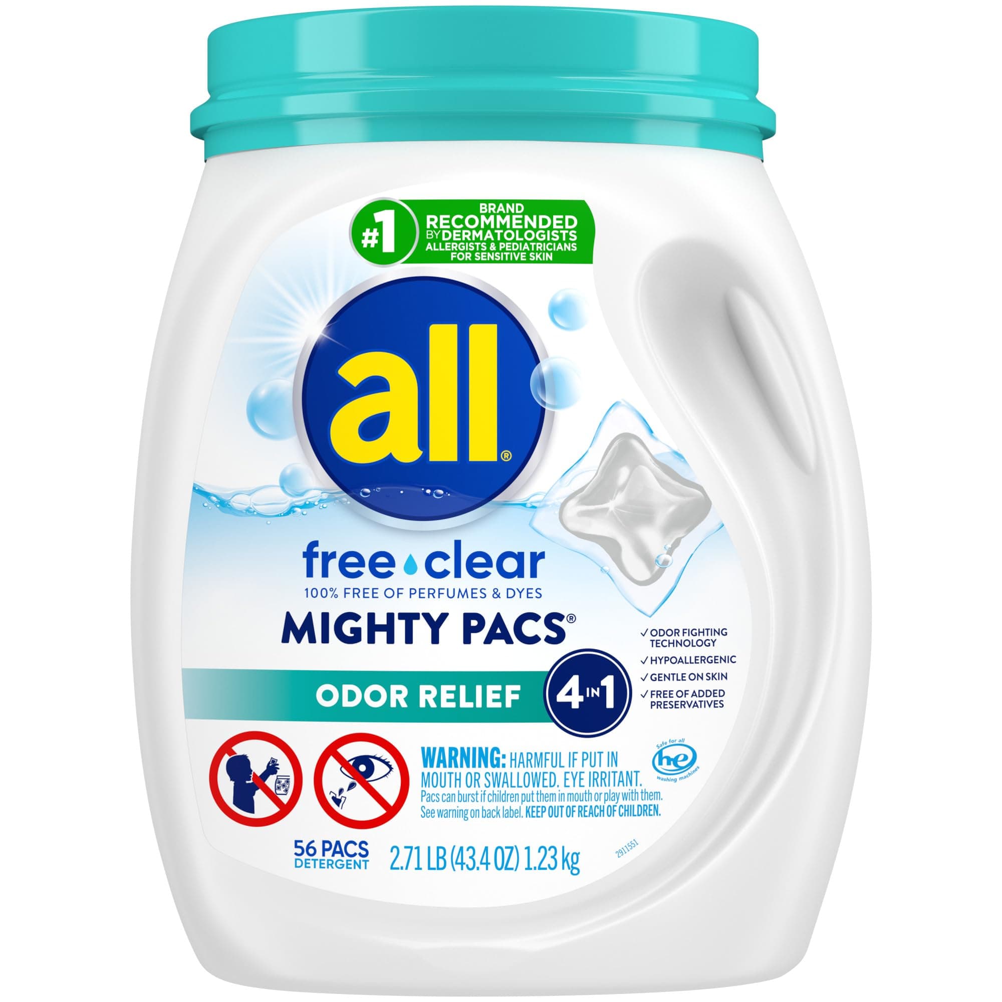 All Mighty Pacs Laundry Detergent Free Clear Odor Relief, Tub, 56 Count 56 Count (Pack of 1)