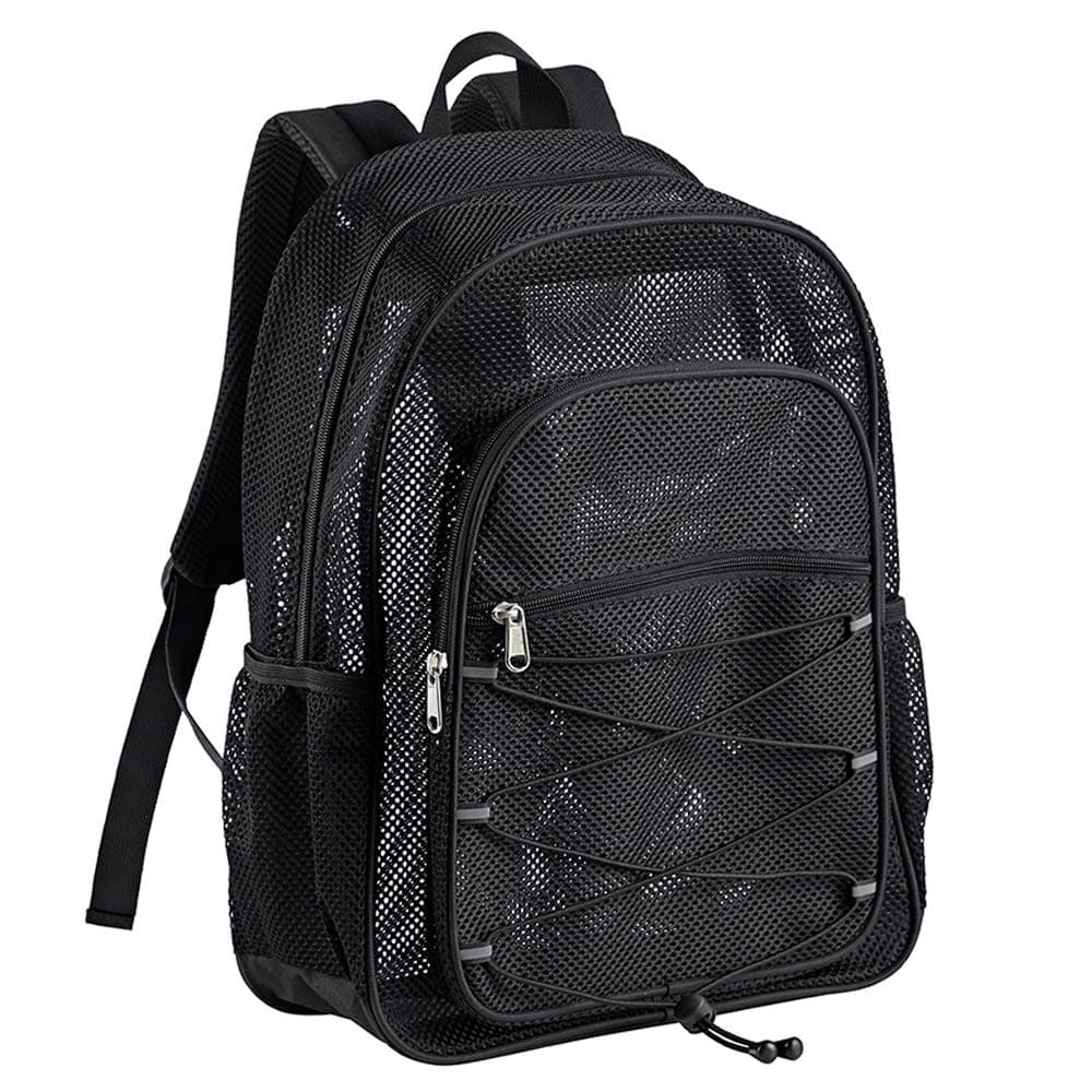 Heavy Duty Mesh Backpack, See Through College Backpack, Semi-transparent Mesh Bookbag with Bungee and Comfort Padded Straps for Commuting, Swimming, Beach, Outdoor Sports Black