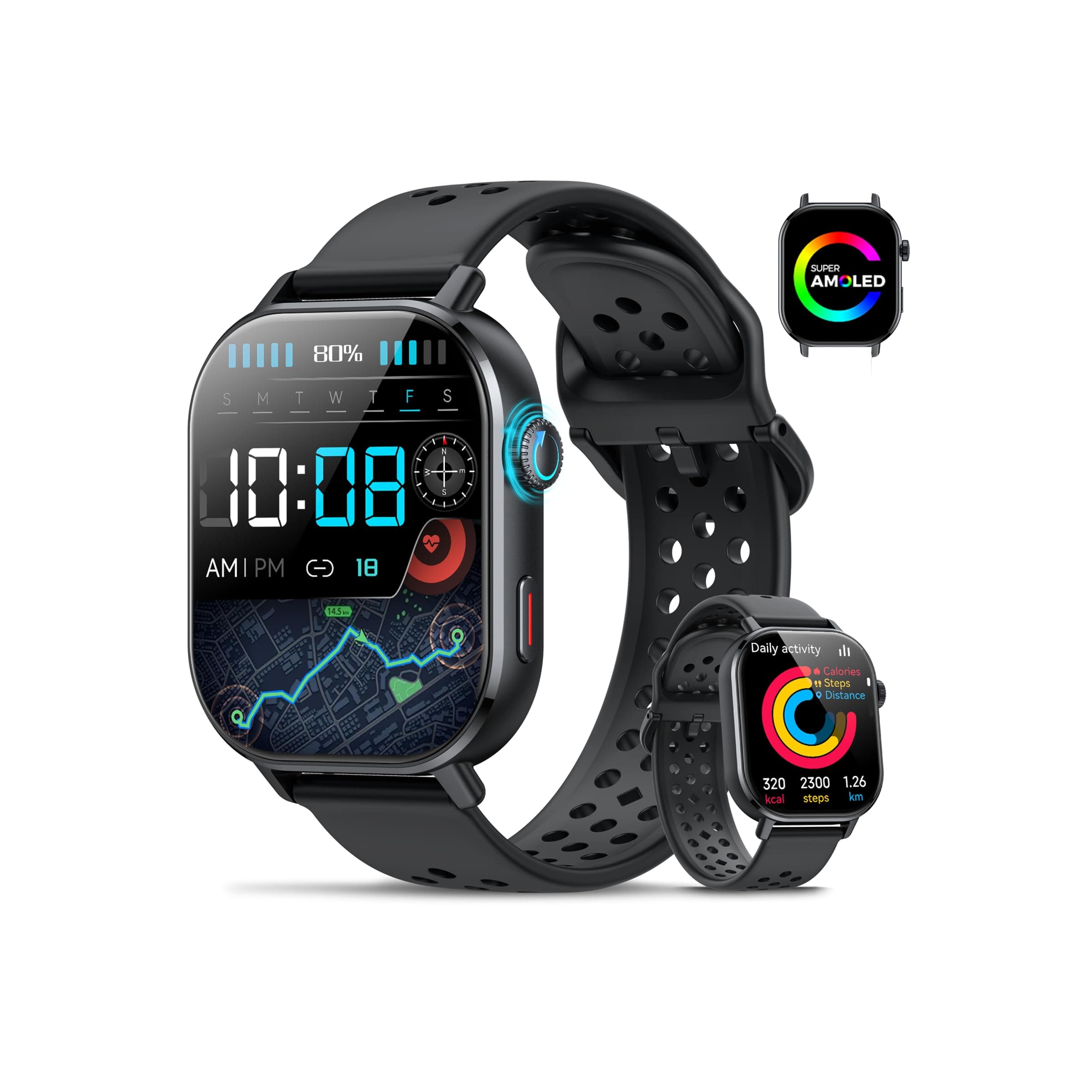 GPS Smart Watch for Men Women, 2.06" AMOLED Smartwatch with Bluetooth Call, 178+ Sports, Fitness Tracker with Compass/SPO2/Heart Rate/Sleep Monitor, 3ATM Waterproof for Android iOS, Outdoor Activity Black