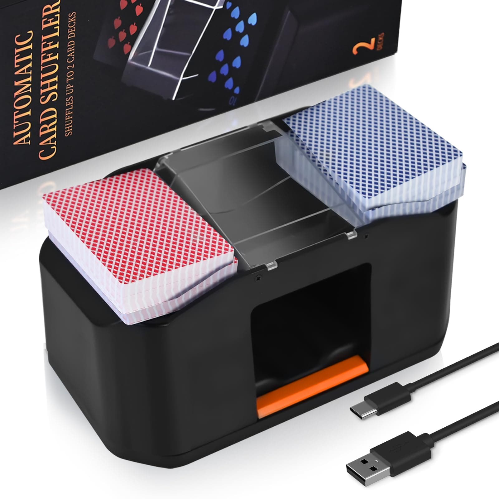 Nileole Quiet & Rechargeable 2 Decks Card Shuffler, Automatic 2000 mAh Quiet Electric Shuffler, Playing Cards, Texas Hold'em, Poker, Home Card Games, Blackjack. Black&Orange(Rechargeable)