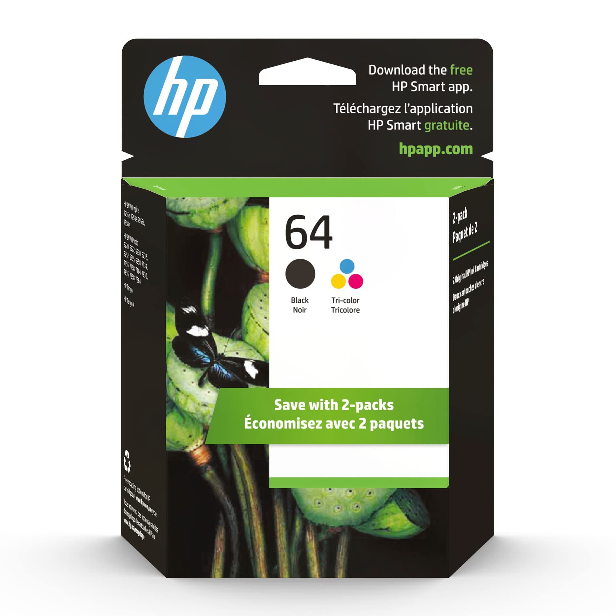 HP 64 Black & Tri-Color Ink Cartridges for HP Printers (Combo Pack) | Works with Printer Series: Inspire 7950e; ENVY Photo 6200, 7100, 7800; Tango | Eligible for Instant Ink | X4D92AN