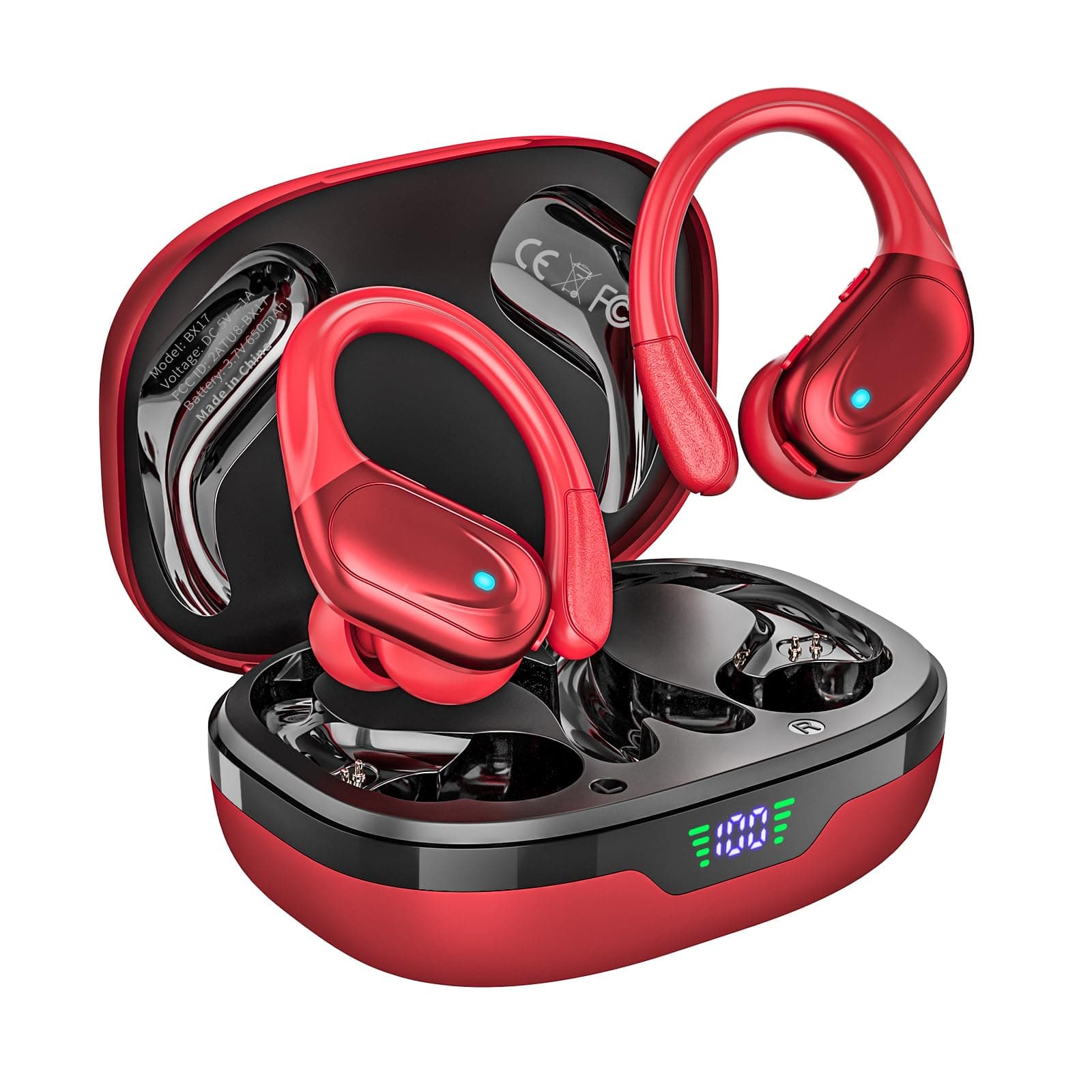 Wireless Earbuds, Sports Bluetooth Headphones, 80Hrs Playtime Ear Buds with LED Power Display, Noise Canceling Headset, IPX7 Waterproof Earphones for Workout/Running (Red)