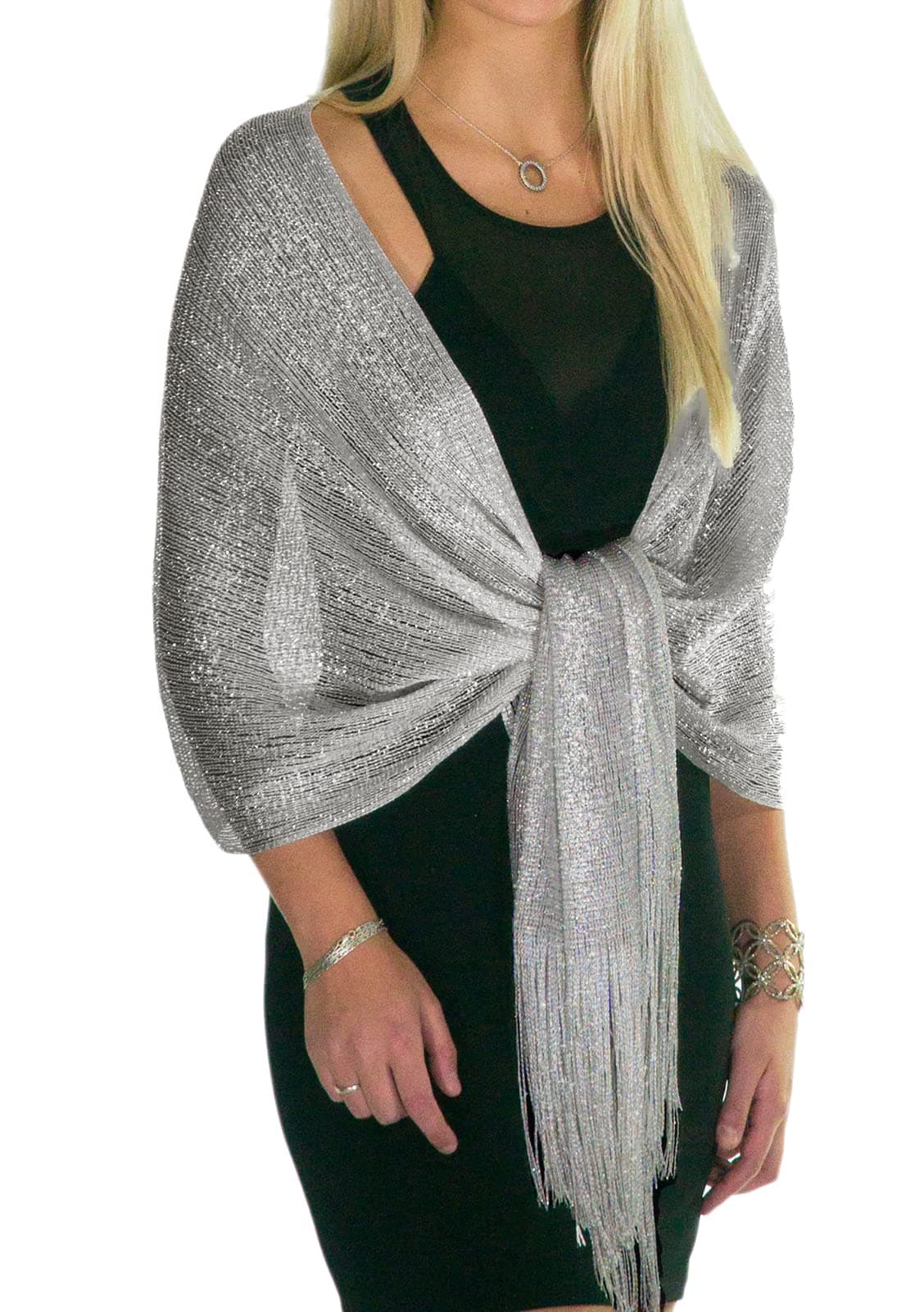 ShineGlitz Shawls and Wraps for Evening Dresses, Metallic Glitter Shawls for Women, Sparkling Wedding Giving Shawl Gift Silver