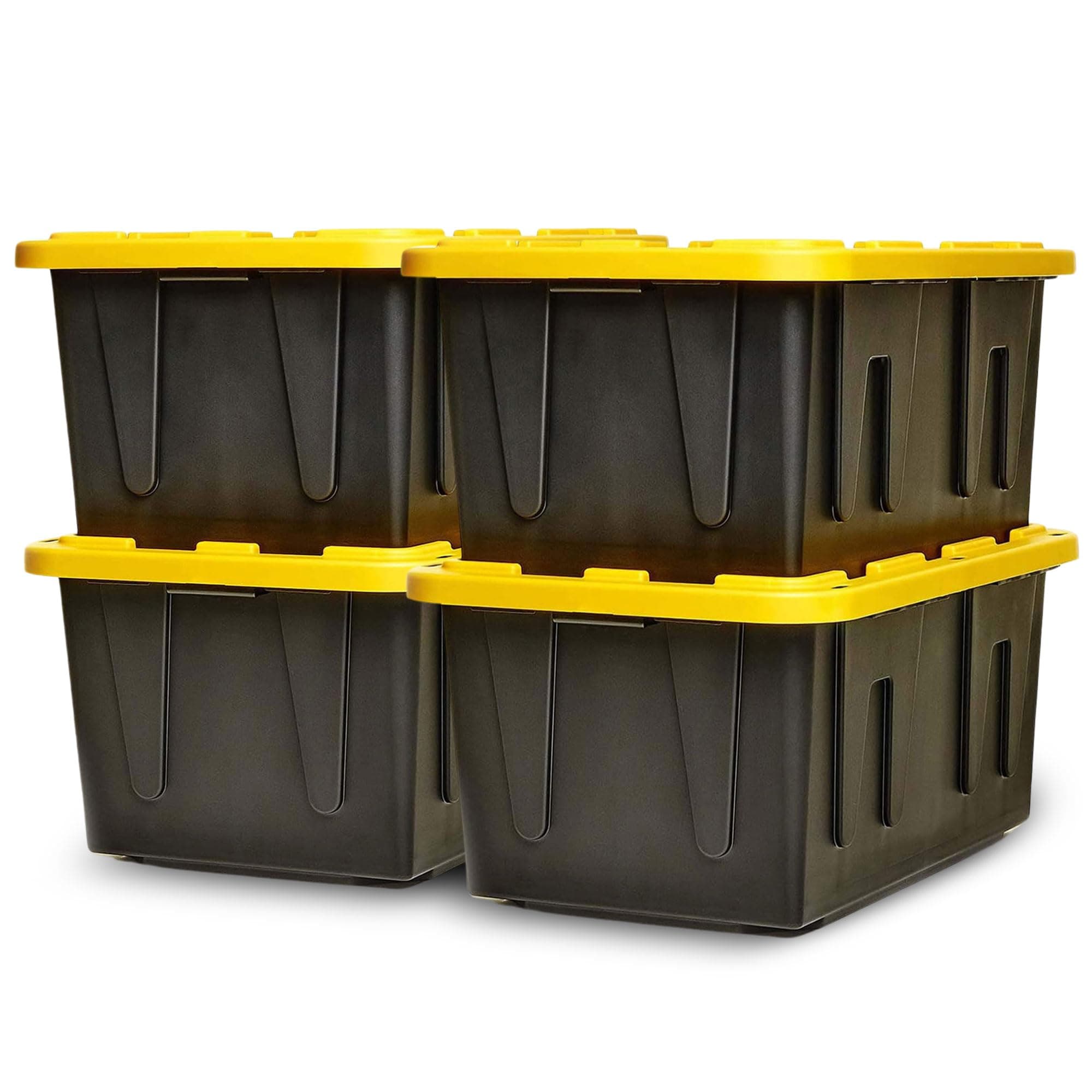 HOMZ 4-Pack Durabilt Tote, Heavy Duty Plastic Storage Bins with Lids, 27 Gallon, Black/Yellow - Stackable Organizing Containers for Home, Garage, and Shed Black Base/Yellow Lid 27 Gallon (Pack of 4)