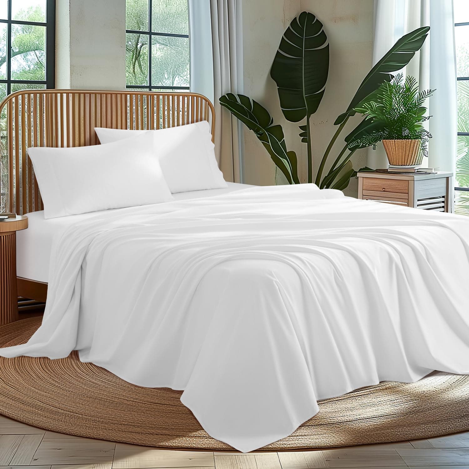 AiAngu 100% Cotton King Size Sheets Set - Luxury 1000 High Thread Count Egyptian Cotton Bed Sheets 4 PC, Breathable -3FX (White,King) White King