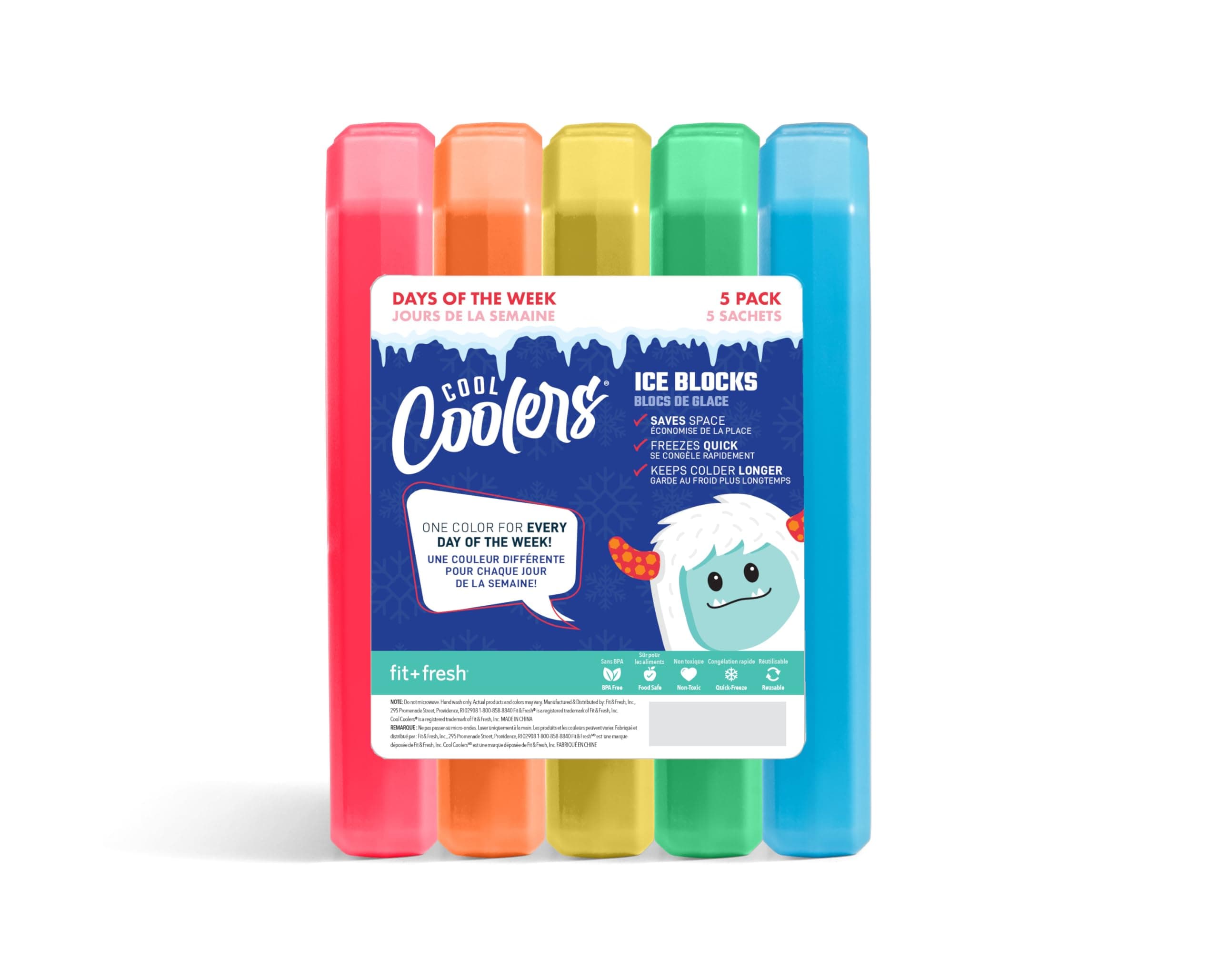 Cool Coolers by Fit + Fresh, 5 Pack Days of the Week Ice Blocks, Compact Reusable Ice Packs for Lunch Boxes & Coolers, Multi Colored Rainbow