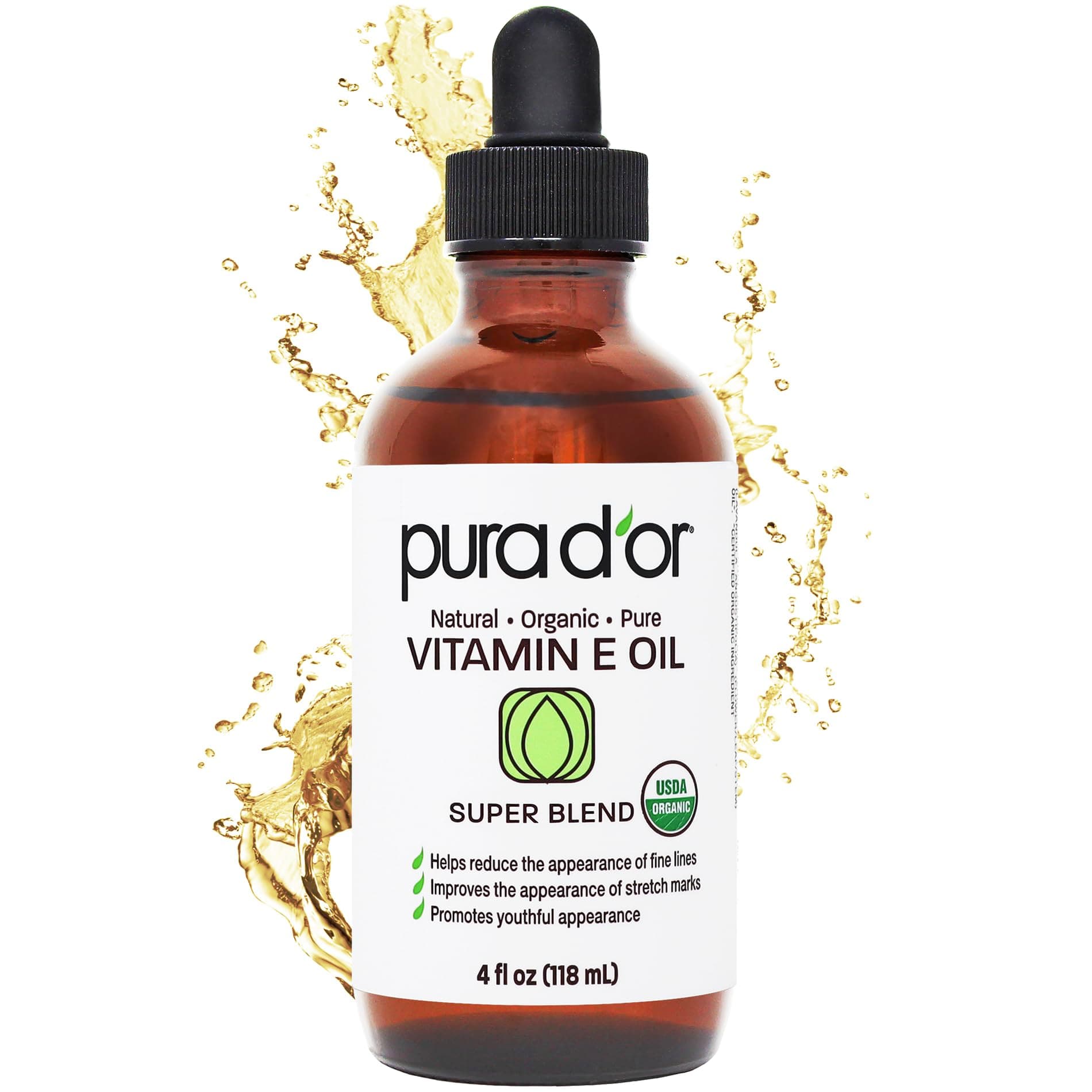 PURA D'OR 4 Oz Organic Vitamin E Oil – USDA Certified Face, Body, Hair & Bath Oil with Argan, Jojoba, Rosehip, Apricot, Almond & Avocado – Lightweight Moisturizing Blend for Soft, Smooth Skin