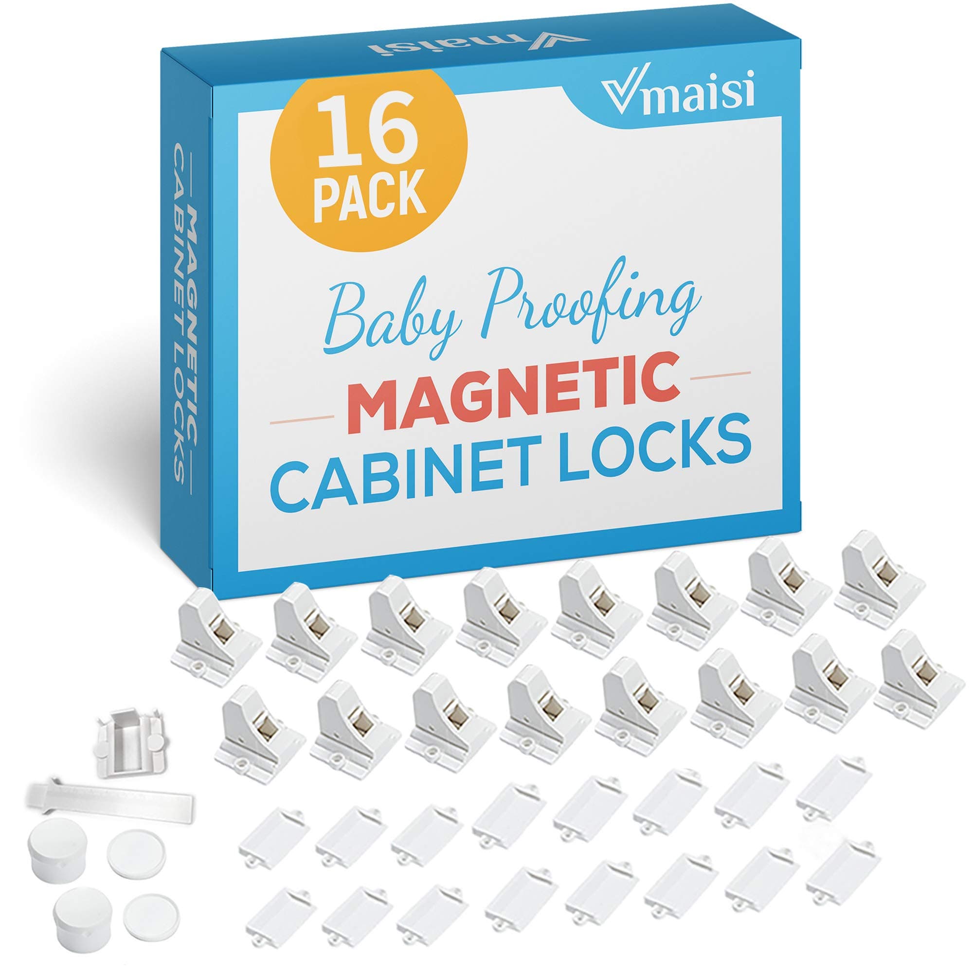 Vmaisi 16 Pack Child Safety Magnetic Cabinet Locks - Children Proof Cupboard Baby Locks Latches - Adhesive for Cabinets & Drawers and Screws Fixed for Protection Standard 16.0