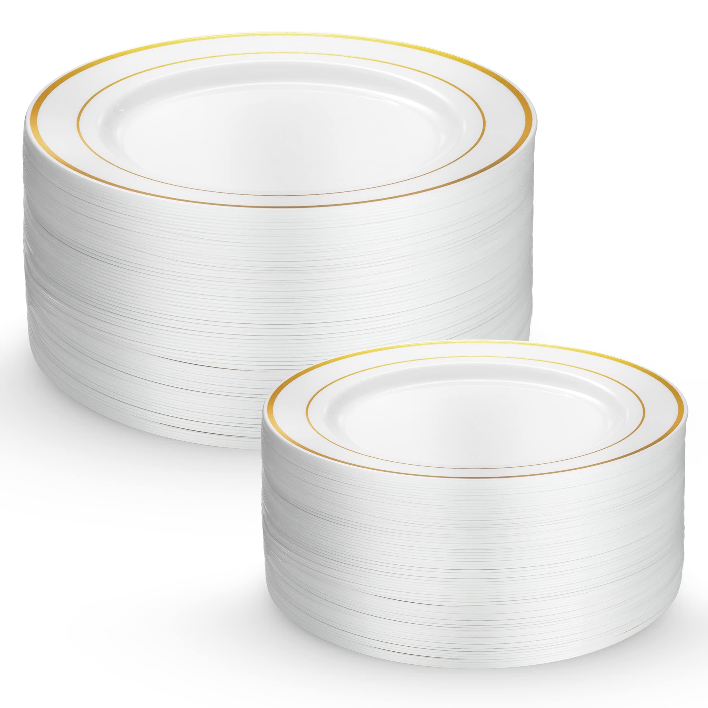 Munfix 60 Gold Plastic Plates Set, 30 Pcs 10.25 Inch Dinner and 30 Pcs 7.5 Inch Dessert Plates, Elegant Fancy Heavy Duty Disposable Plates for Party, Wedding, White with Gold Rim