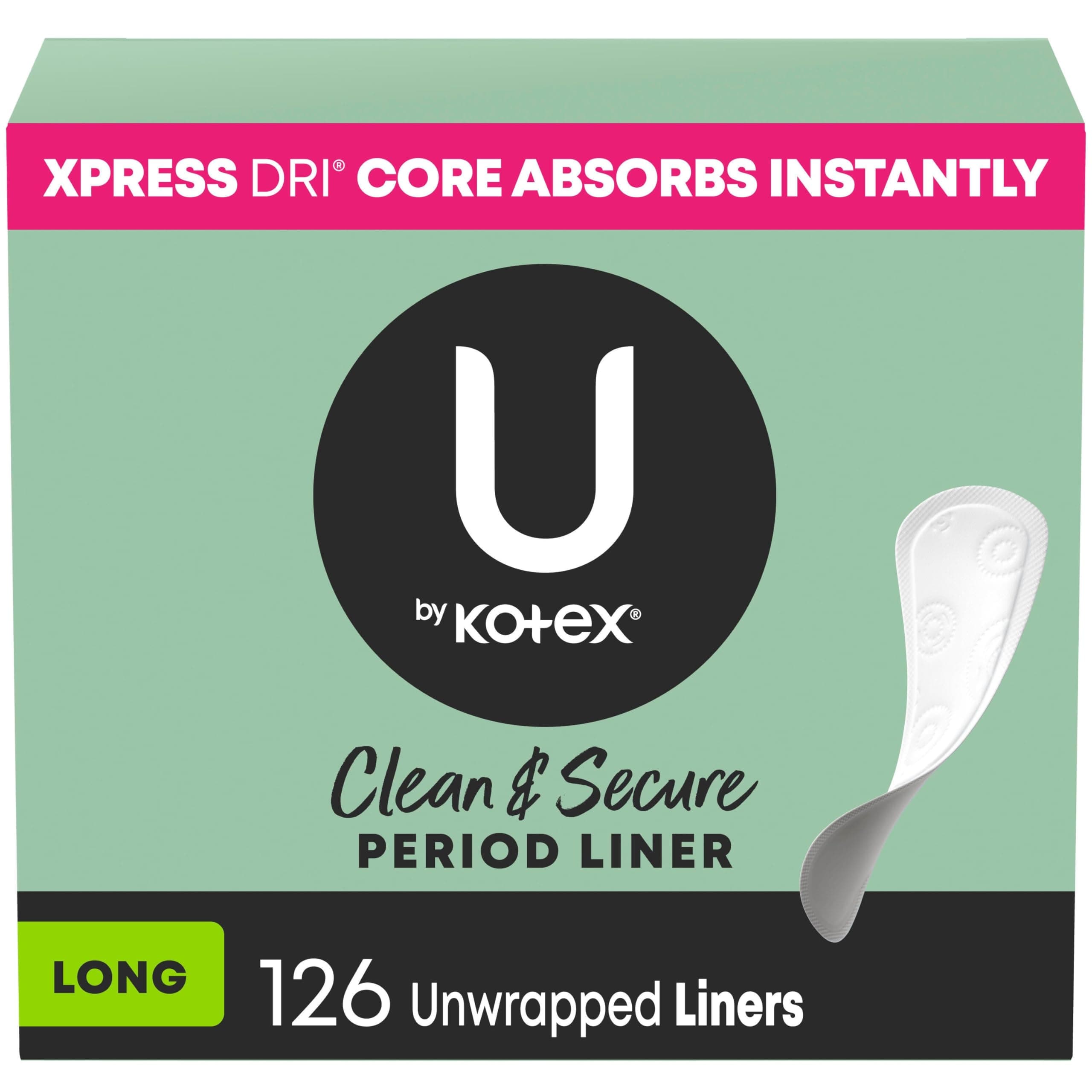 U by Kotex Panty Liners, Clean & Secure, Light Absorbency, Long Length, 126 Count (Packaging May Vary) Long Length 126
