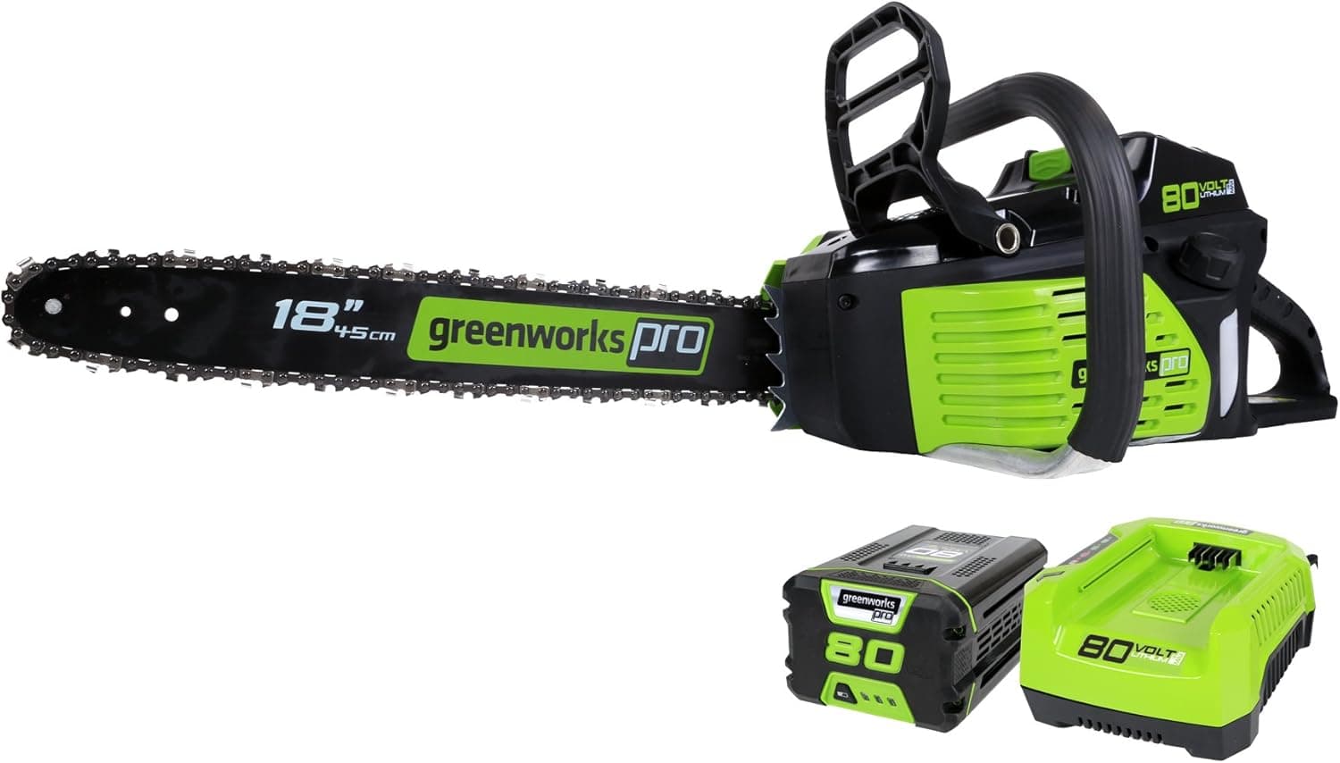 Greenworks 80V 18" Brushless Cordless Chainsaw (Great For Tree Felling, Limbing, Pruning, and Firewood) / 75+ Compatible Tools), 2.0Ah Battery and Rapid Charger Included 18" (2.0Ah) 1.8KW Motor