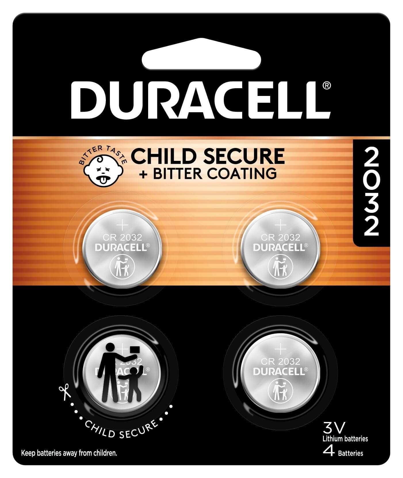 Duracell 2032 Lithium Battery, 4 Count (Pack of 1), Child Safety Features, Key Fob, CR2032 3V Cell
