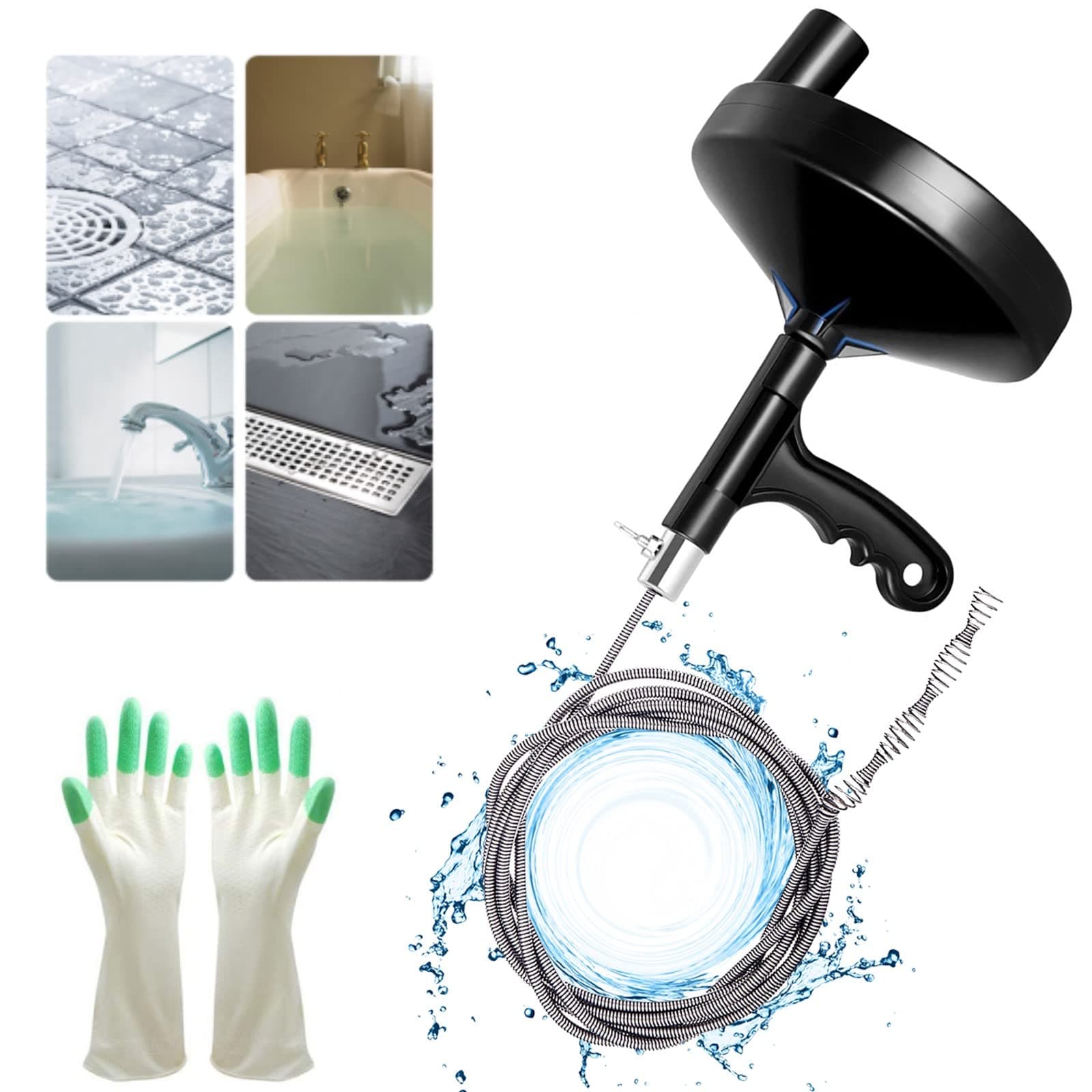Drain Auger 25 Ft with Gloves, Plumbing Snake Drain Auger Hair Clog Remover, Heavy Duty Pipe Drain Clog Remover for Bathtub Drain, Bathroom Sink, Kitchen Cleaning