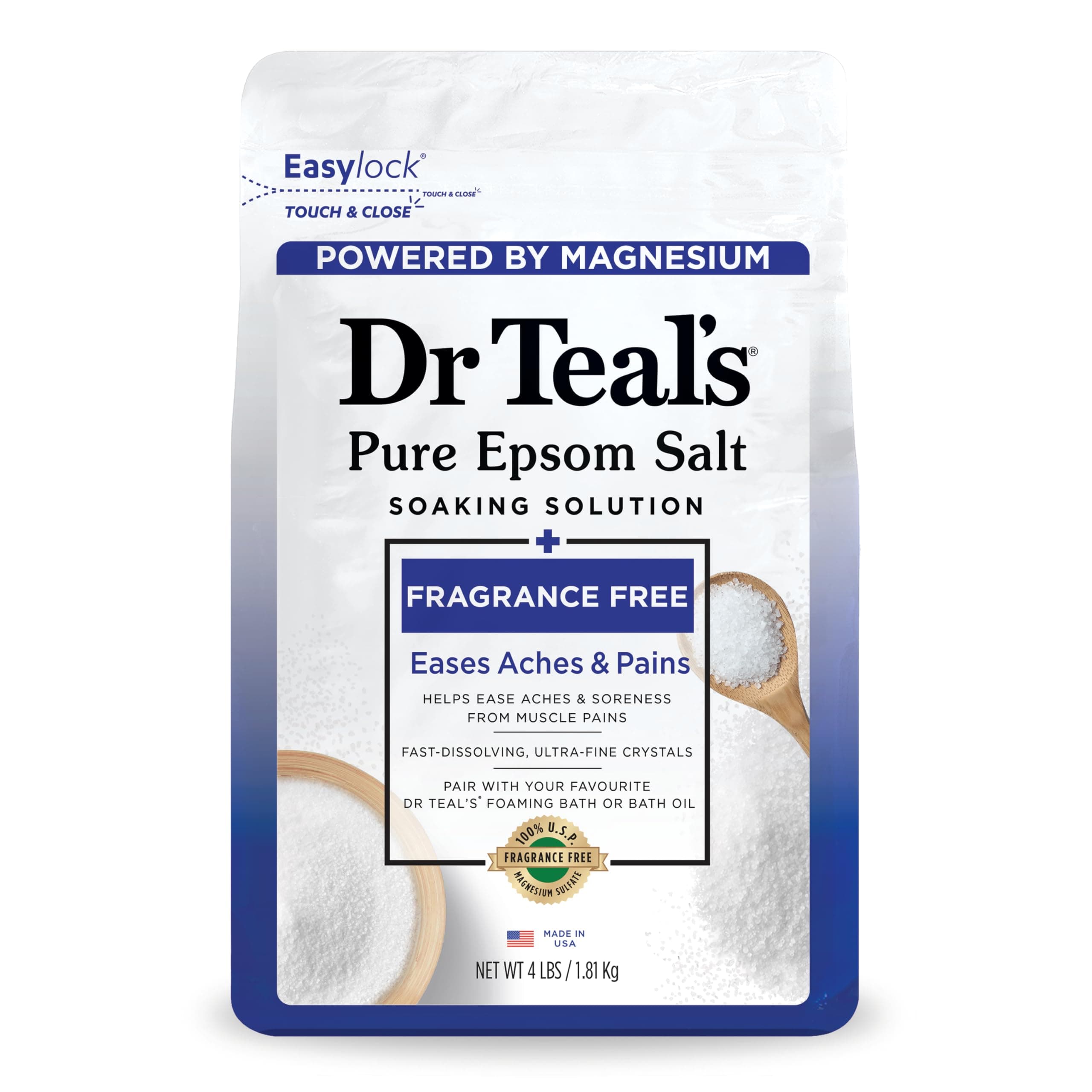 Dr Teal's Epsom Salt Magnesium Soak, Fragrance Free, 4 lbs 64 Ounce (Pack of 1)
