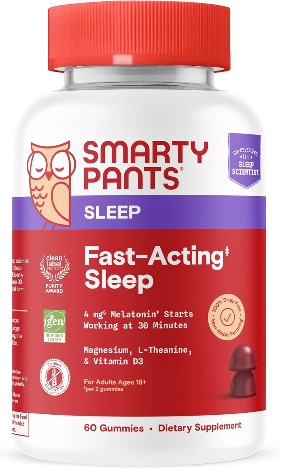 SmartyPants Adult Sleep Gummies with Melatonin: Magnesium & L-Theanine, Drug-Free, Non-Habit Forming Sleep Aid, Fast-Acting, Blueberry BlackBerry Flavor, 60 Count