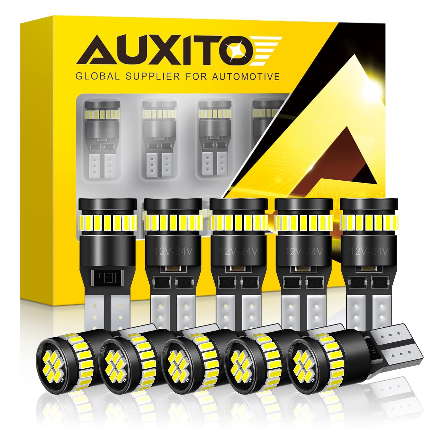 AUXITO 194 LED Light Bulb 6000K White 168 2825 W5W T10 Wedge 24-SMD 3014 Chipsets LED Replacement Light Kit Error Free for Car Interior Dome Map Door License Marker Lights, Pack of 10 White 194/168