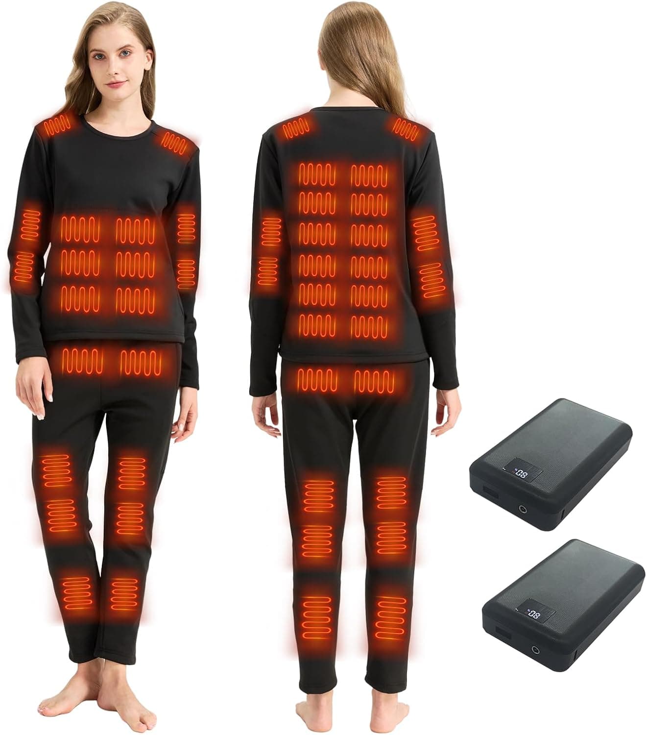 Women Heated Thermals Underwear Set, 42 Heating Zones Pants and Top with 2X 16000mAh Quickly-Charging Batteries Large Black