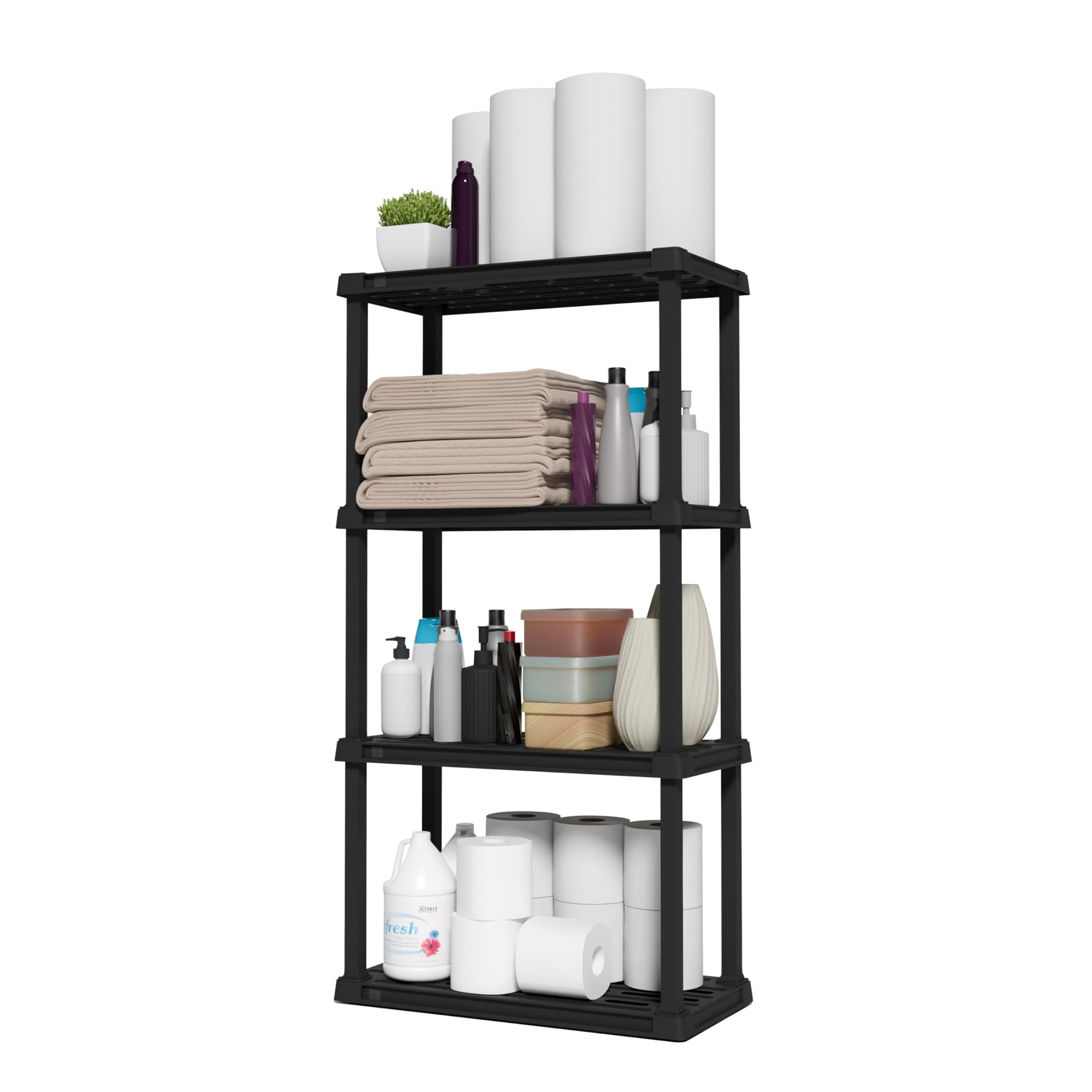 IRIS USA 4-Shelf Light Duty Plastic Storage Shelves, 200lb Capacity, 48" H x 24" W x 12" D, Medium Modular Shelving Unit Storage Organizer for Bathroom, Laundry, Garage & Home, Storage Rack - Black 4-Tier