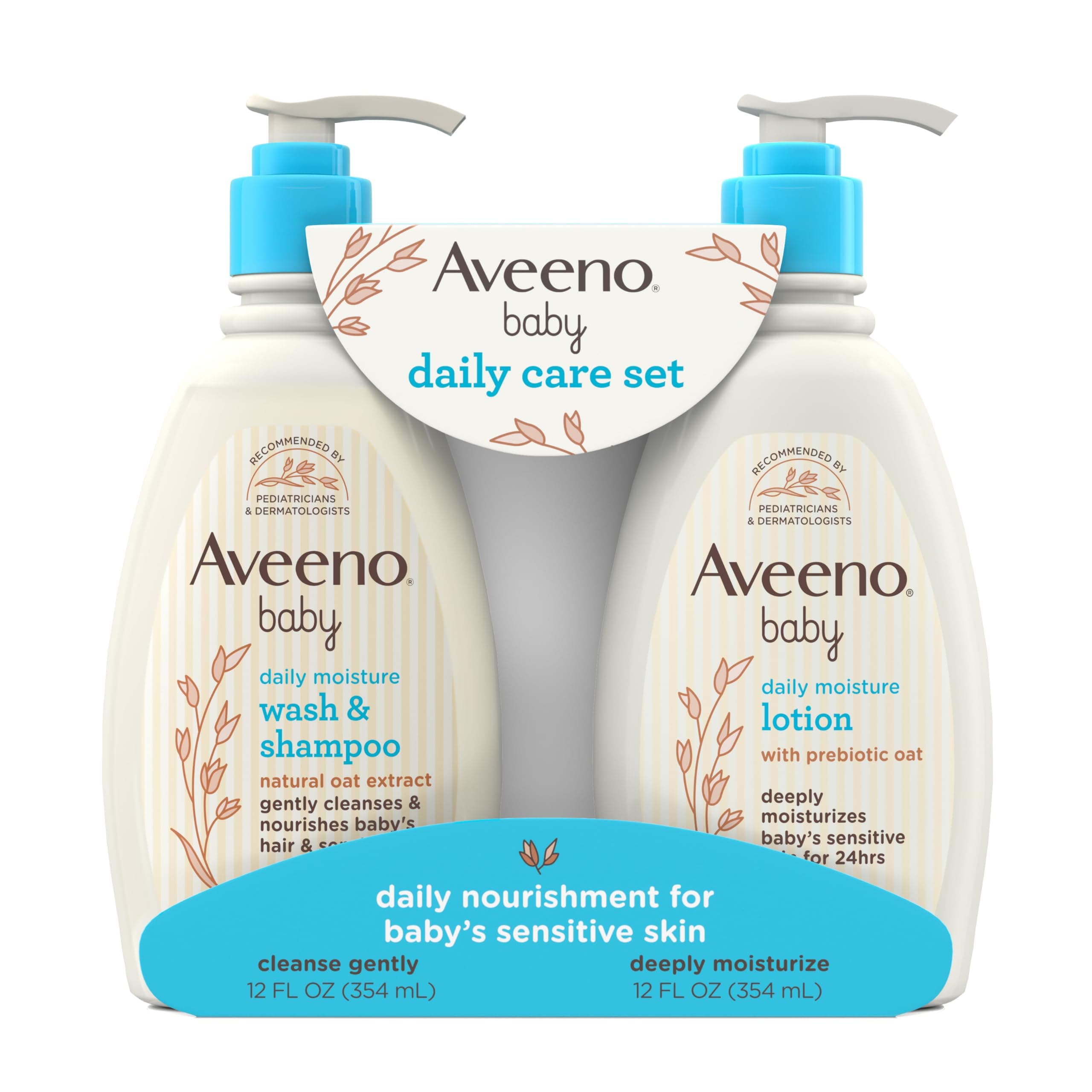 Aveeno Baby Daily Care Gift Set with Oat Extract & Prebiotic Oat, Contains Daily Moisturizing Body Lotion & Gentle 2-in-1 Baby Bath Wash & Shampoo, Hypoallergenic & Paraben-Free, Two Pack Lightly Scented 12 Fl Oz (Pack of 2)